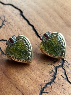 Contemporary Green Tourmaline Diamond Ruby 18k Yellow Gold Lever Back Earrings