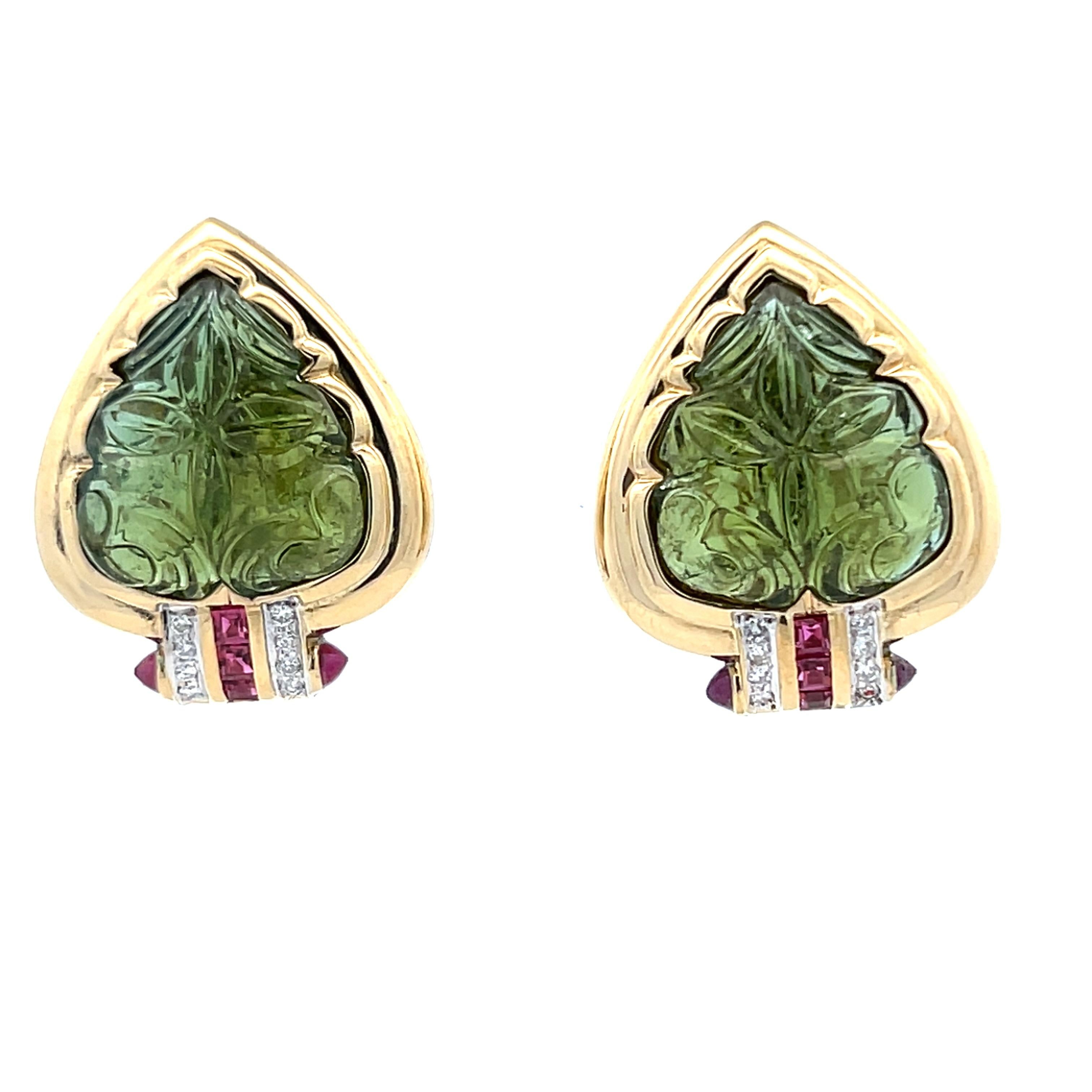 da uomo o donna Art Nouveau Green Tourmaline Diamond Ruby 18k Yellow Gold Lever Back Earrings in vendita