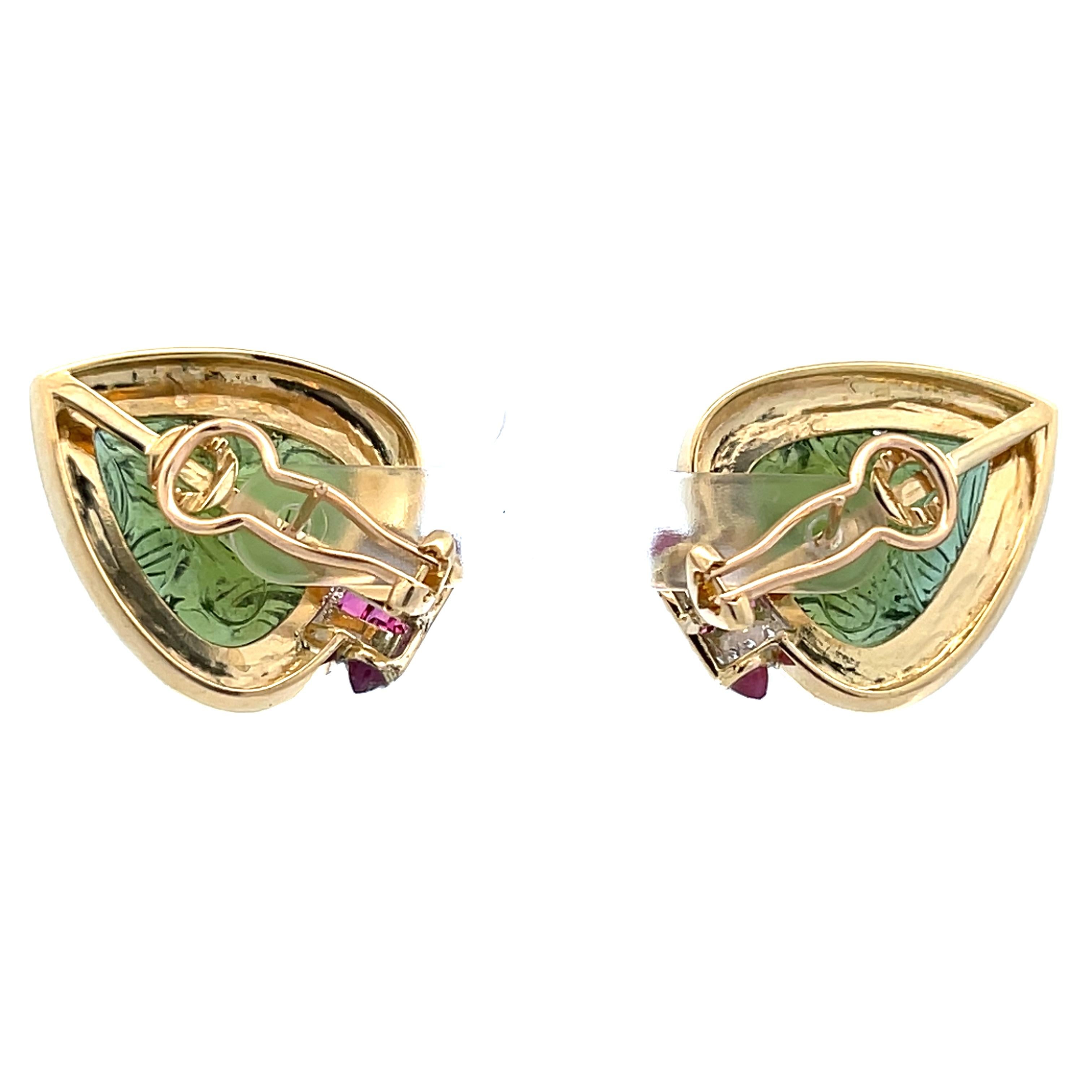 Art Nouveau Green Tourmaline Diamond Ruby 18k Yellow Gold Lever Back Earrings in vendita 2