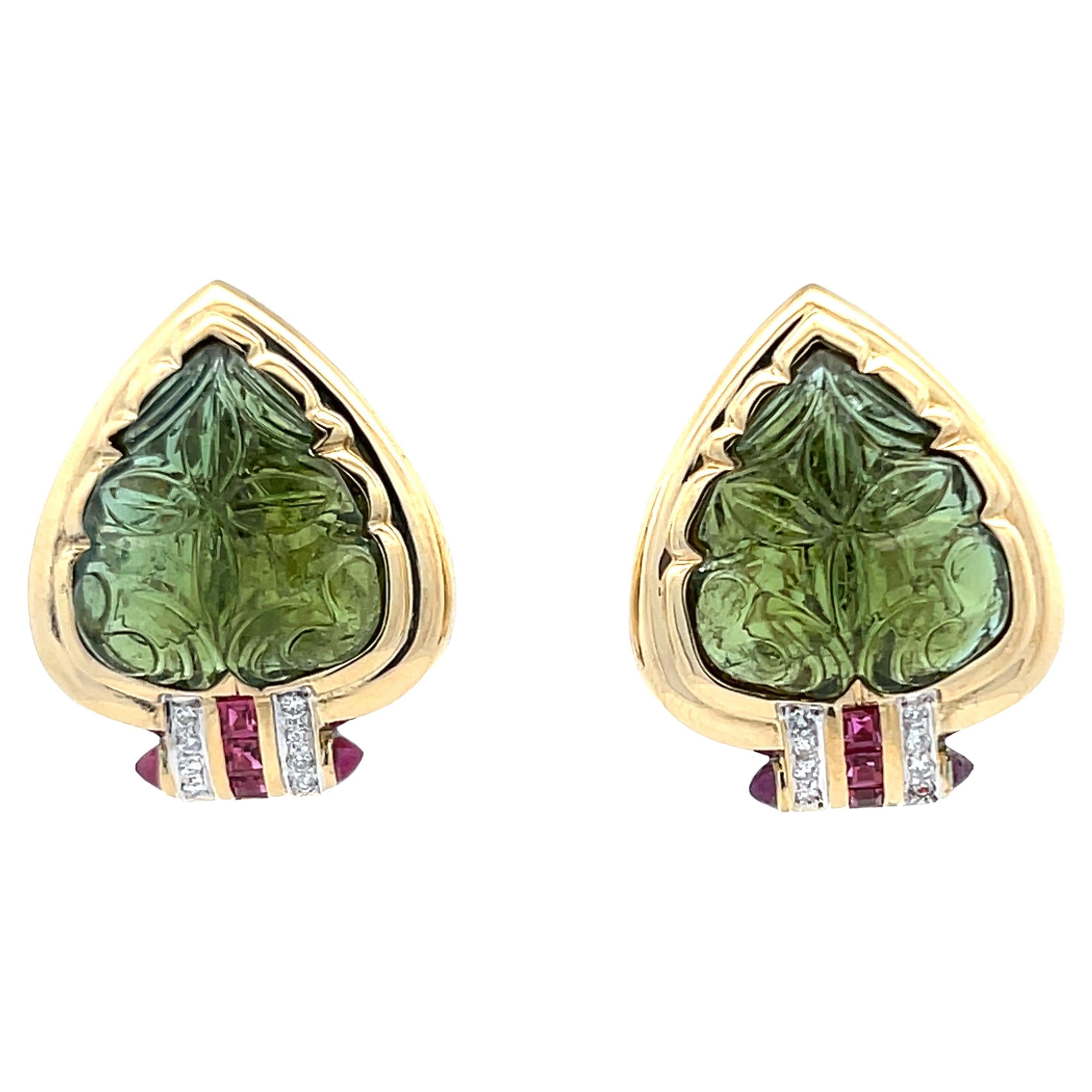 Art Nouveau Green Tourmaline Diamond Ruby 18k Yellow Gold Lever Back Earrings in vendita