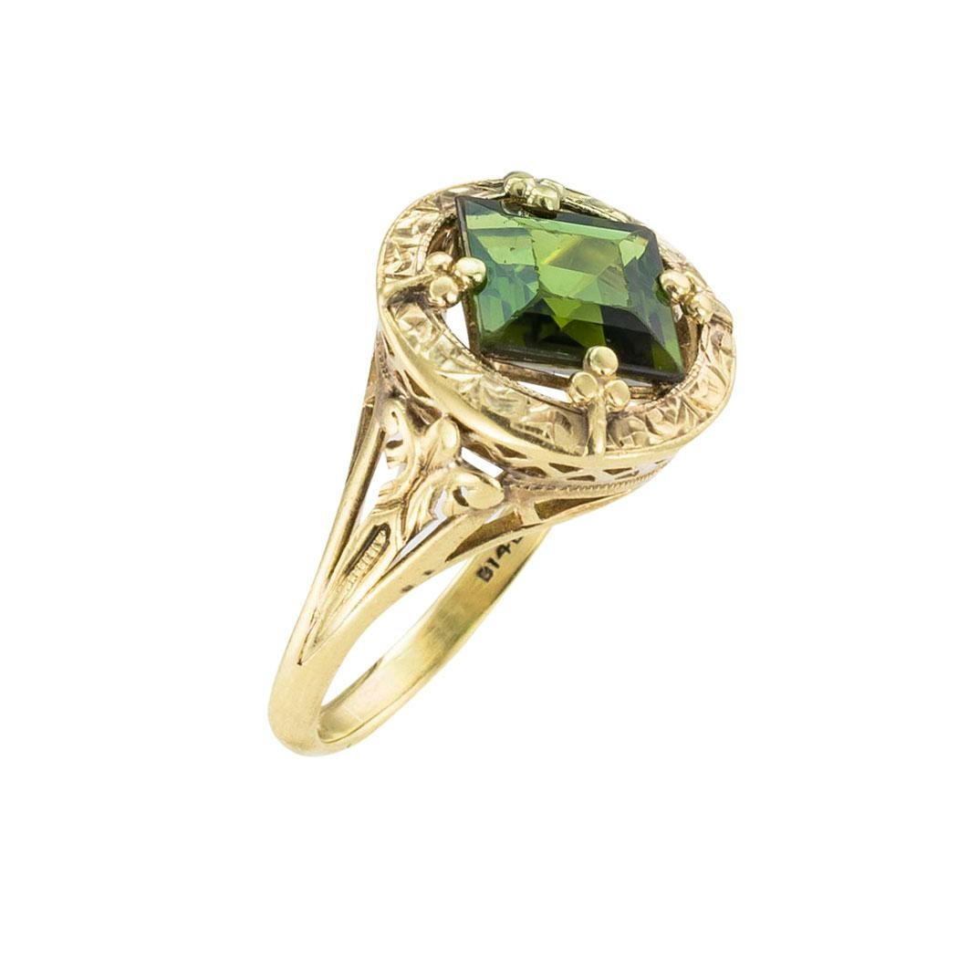 Art Nouveau green tourmaline and yellow gold ring circa 1905.  We are here to connect you with beautiful and affordable antique and estate jewelry.

The facts you want to know are listed below.  Read on.  It is remarkably short, simple, and clear. 