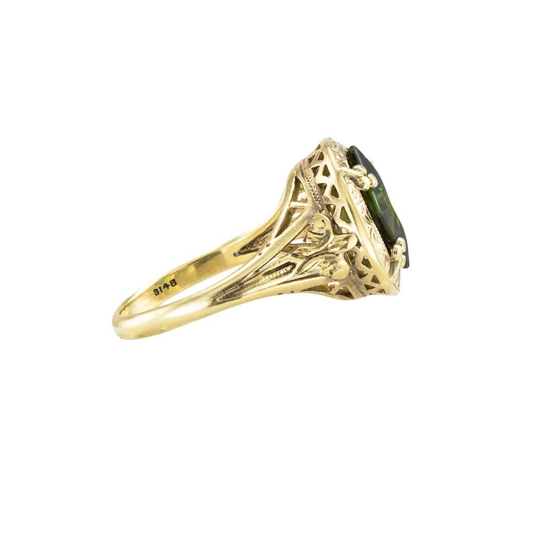 Women's Art Nouveau Green Tourmaline Yellow Gold Ring