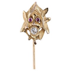 Antique Art Nouveau Greenman Stickpin of 14k Gold