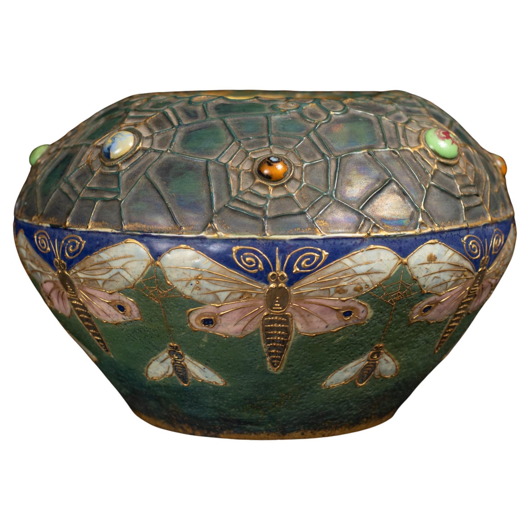 Art Nouveau Gres Bijou Butterfly & Spiderweb Bowl-Shaped Vase by RStK Amphora