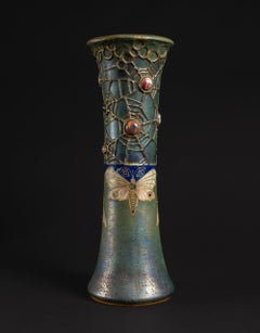 Art Nouveau Gres Bijou Butterfly & Spiderweb Fluted Vase by RStK Amphora