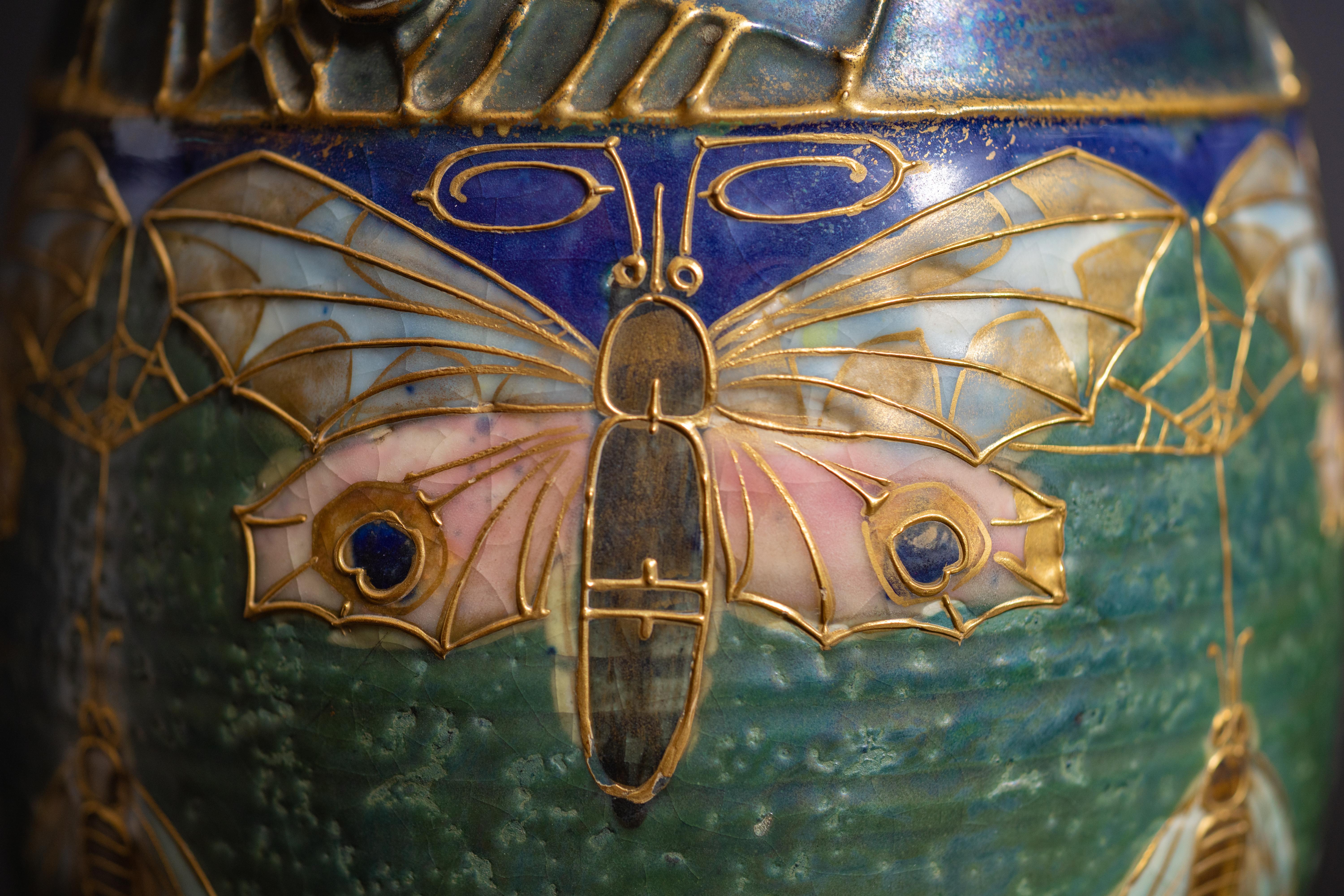 Art Nouveau Gres Bijou Butterfly & Spiderweb Semiramis Vase by RStK Amphora 4