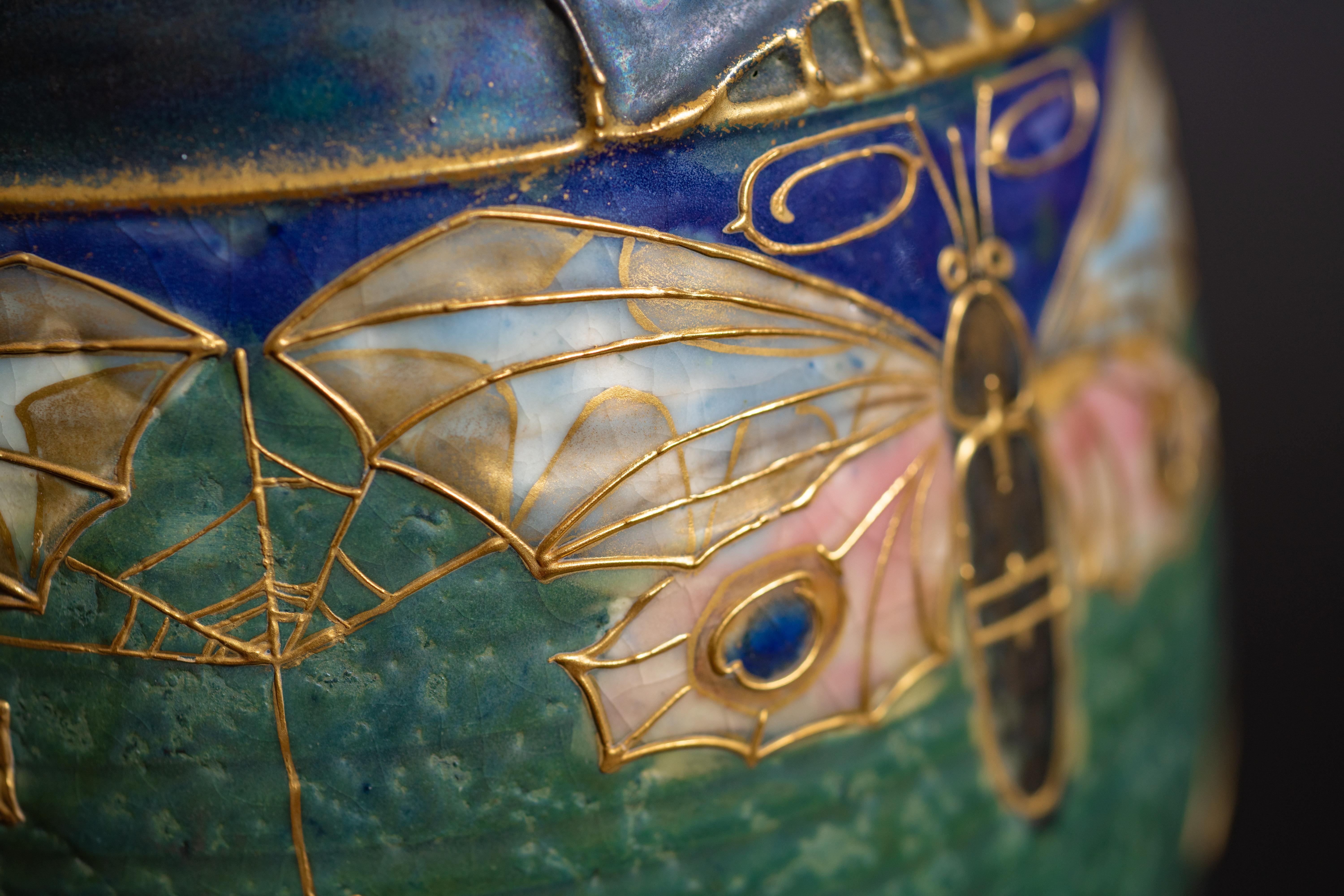 Art Nouveau Gres Bijou Butterfly & Spiderweb Semiramis Vase by RStK Amphora 5