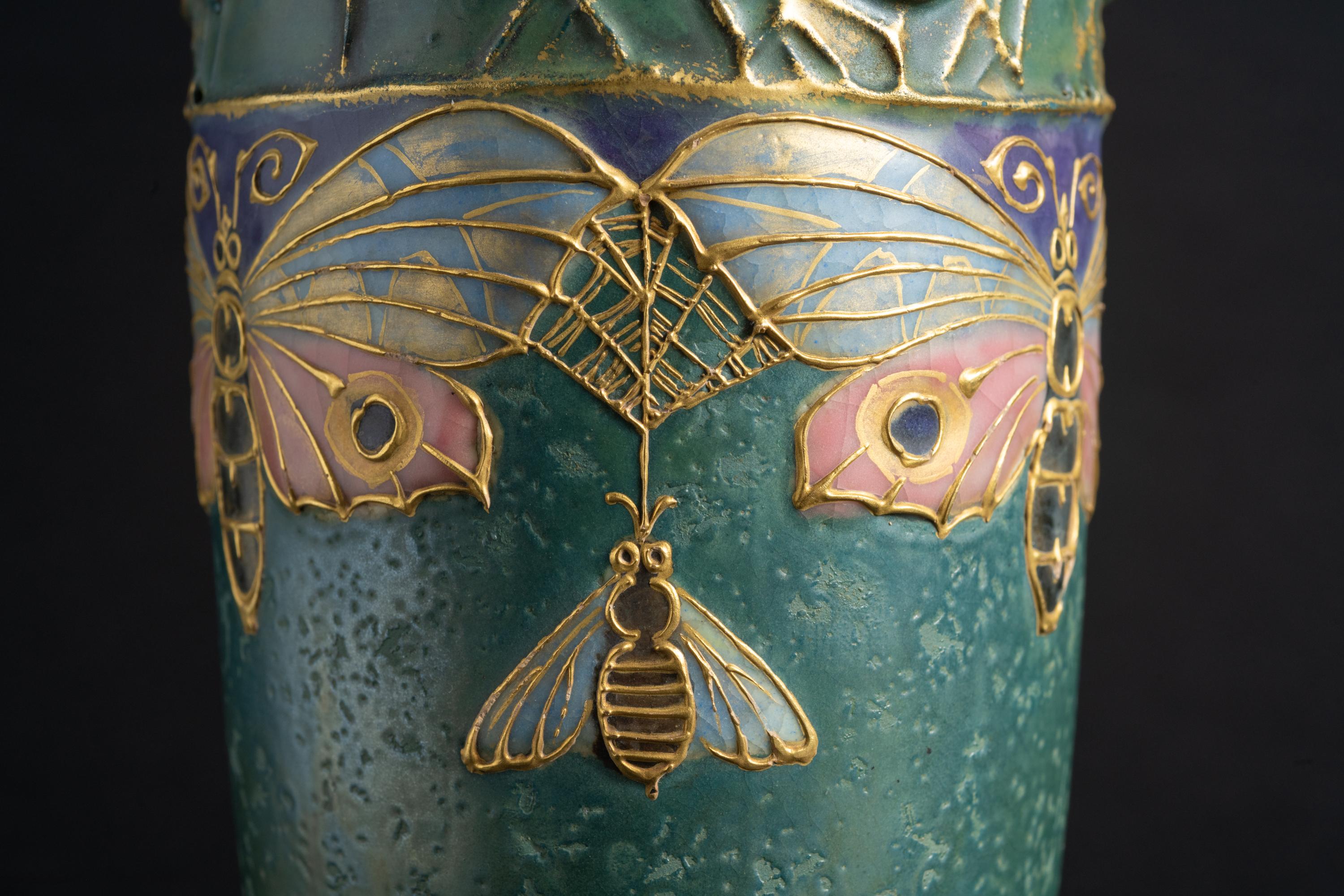 Art Nouveau Gres Bijou Butterfly & Spiderweb Semiramis Vase by RStK Amphora For Sale 6