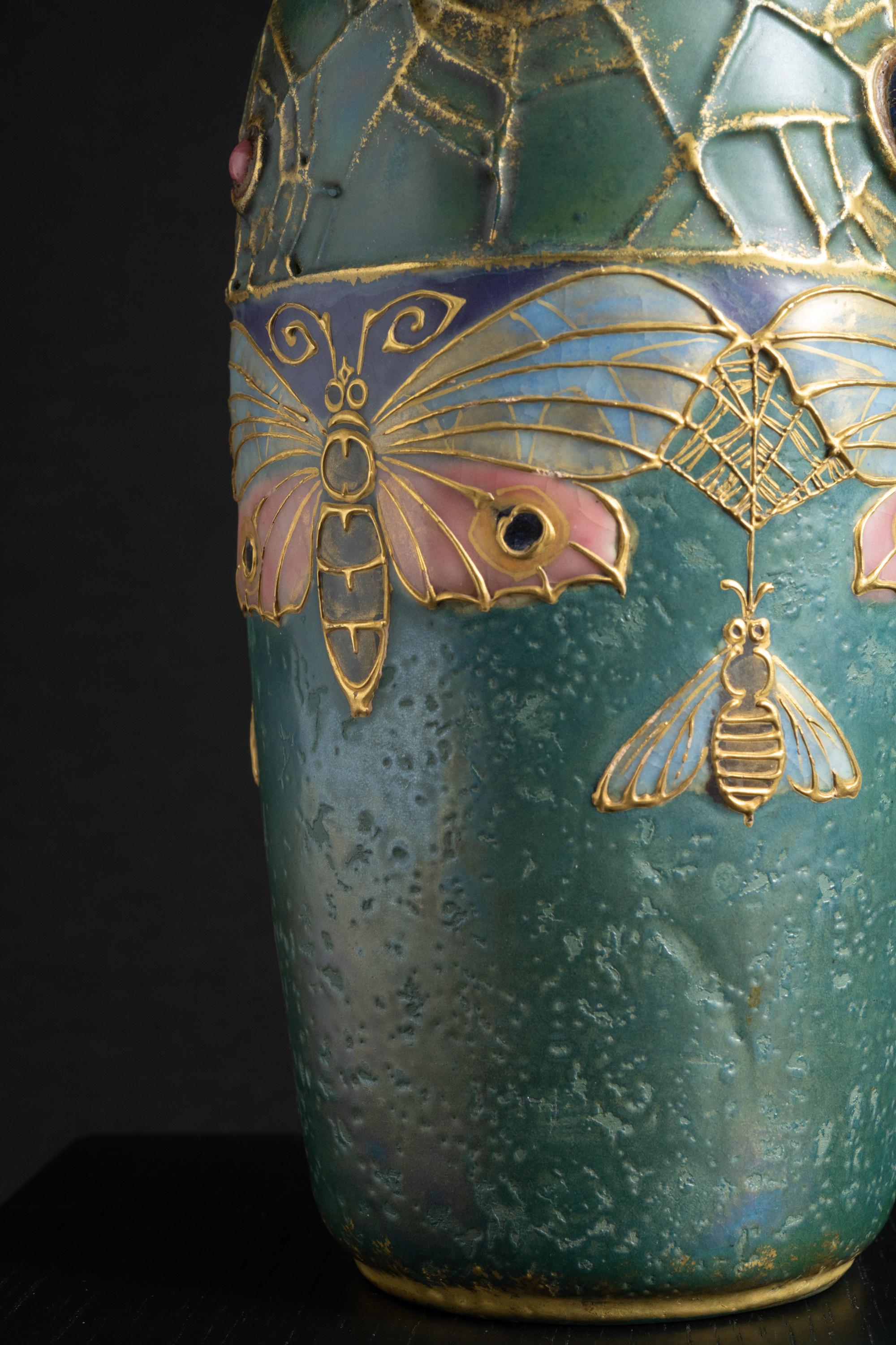 Art Nouveau Gres Bijou Butterfly & Spiderweb Semiramis Vase by RStK Amphora For Sale 8