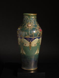 Art Nouveau Gres Bijou Butterfly & Spiderweb Semiramis Vase by RStK Amphora