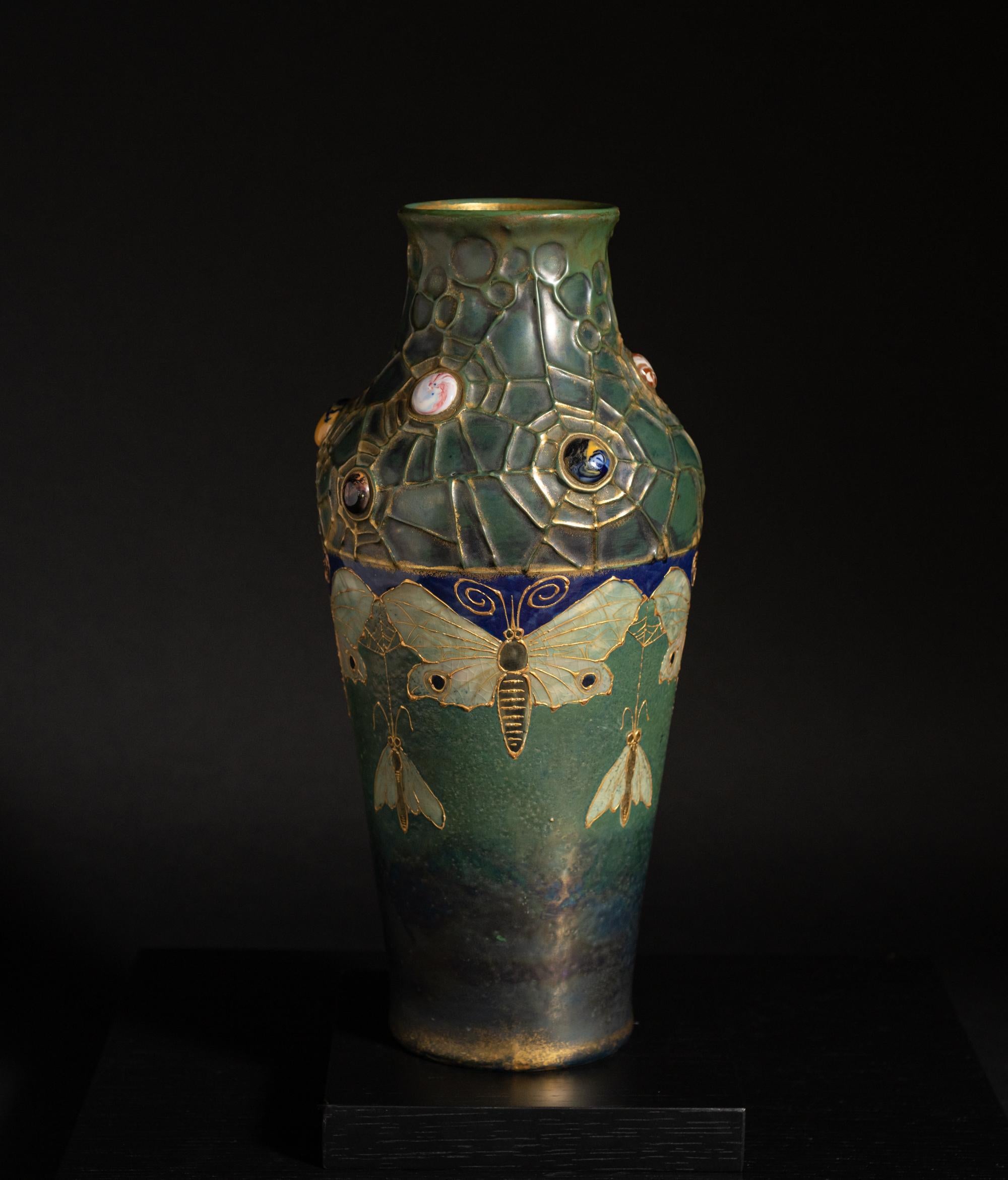 Austrian Art Nouveau Gres Bijou Butterfly & Spiderweb Semiramis Vase by RStK Amphora For Sale