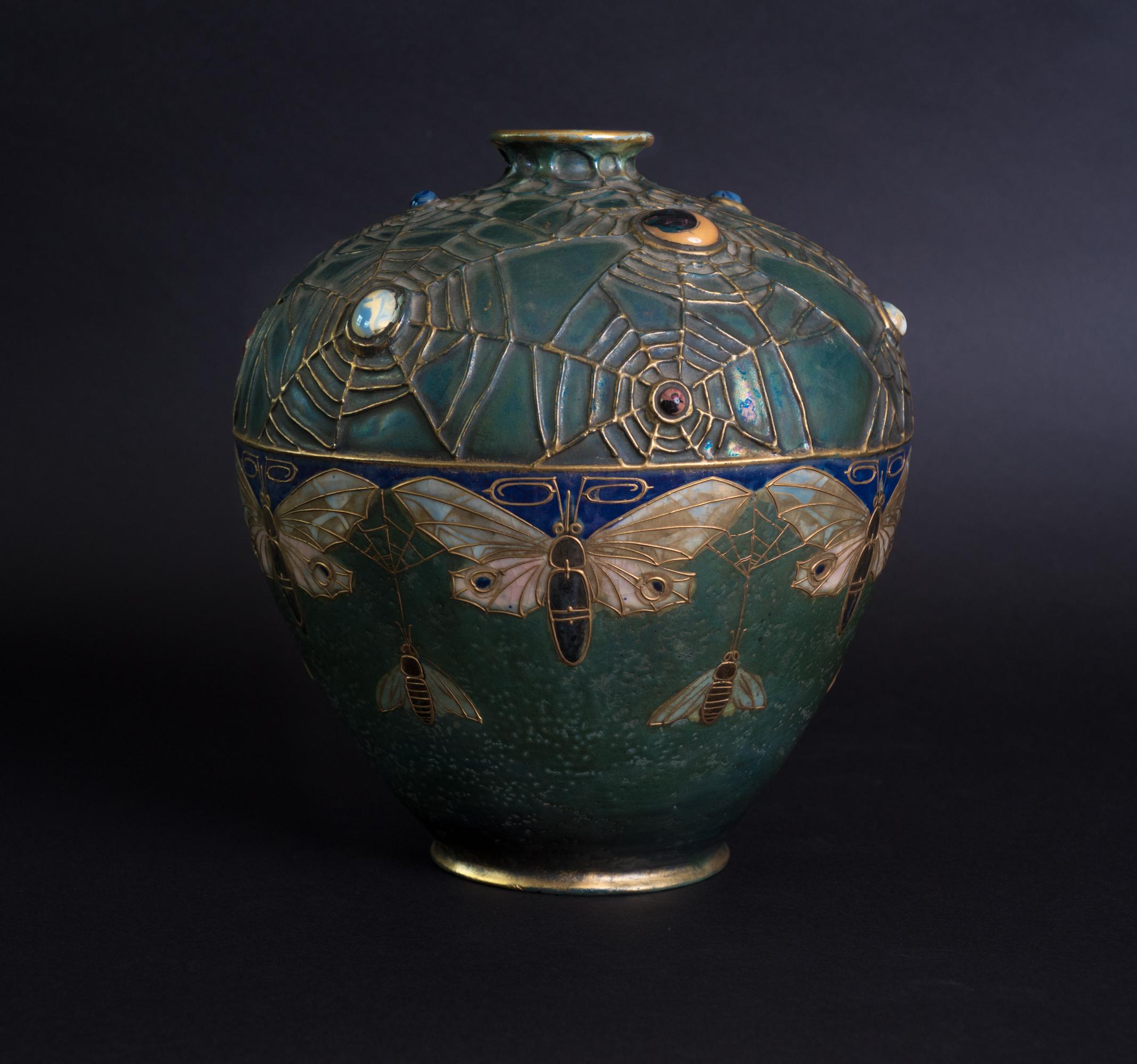 Austrian Art Nouveau Gres Bijou Butterfly & Spiderweb Semiramis Vase by RStK Amphora