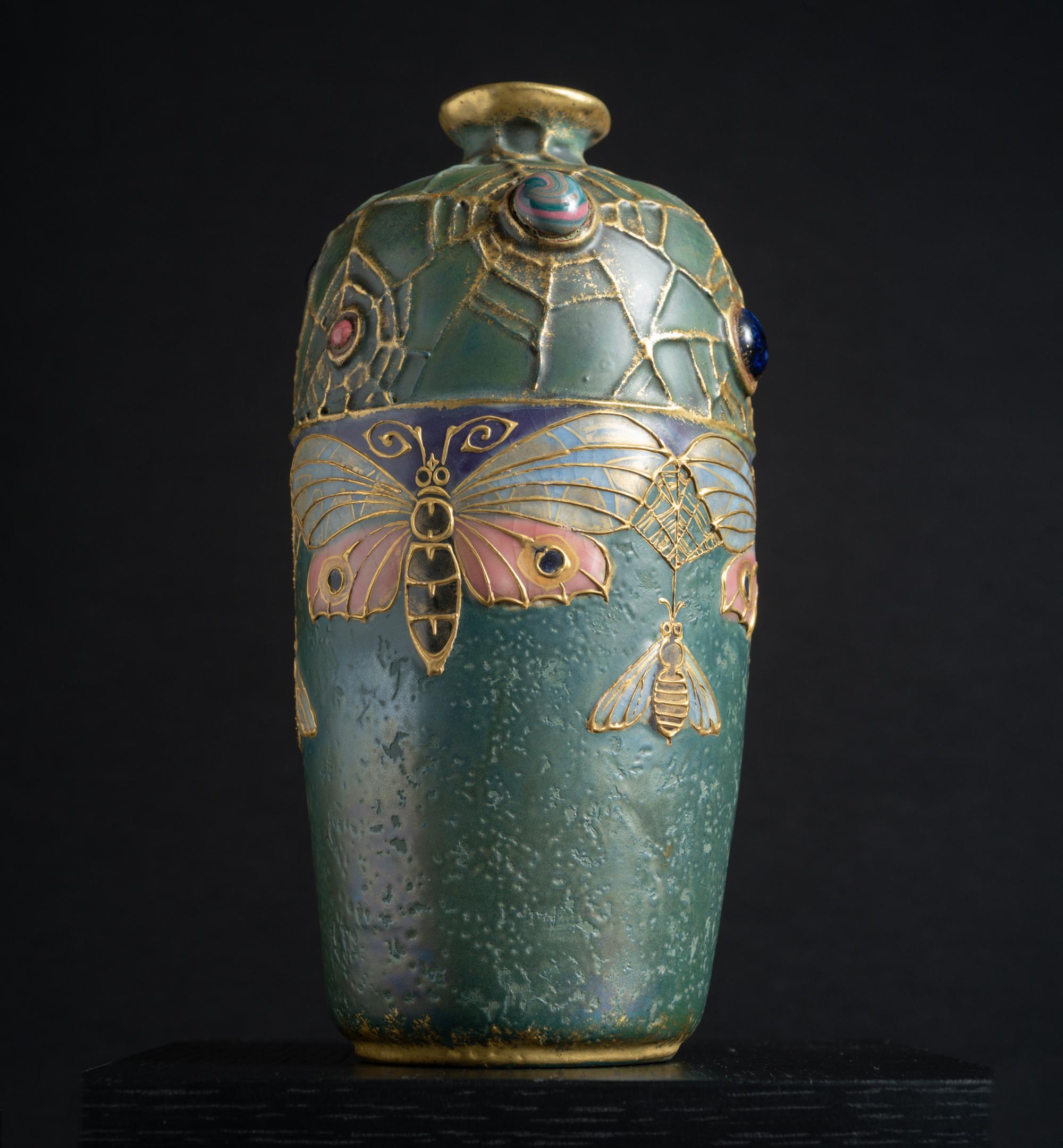 Austrian Art Nouveau Gres Bijou Butterfly & Spiderweb Semiramis Vase by RStK Amphora For Sale