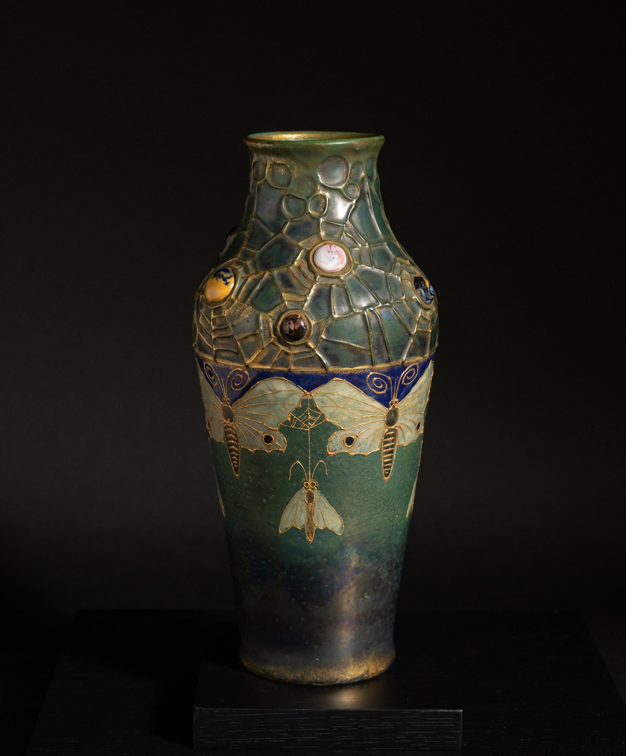Glazed Art Nouveau Gres Bijou Butterfly & Spiderweb Semiramis Vase by RStK Amphora For Sale