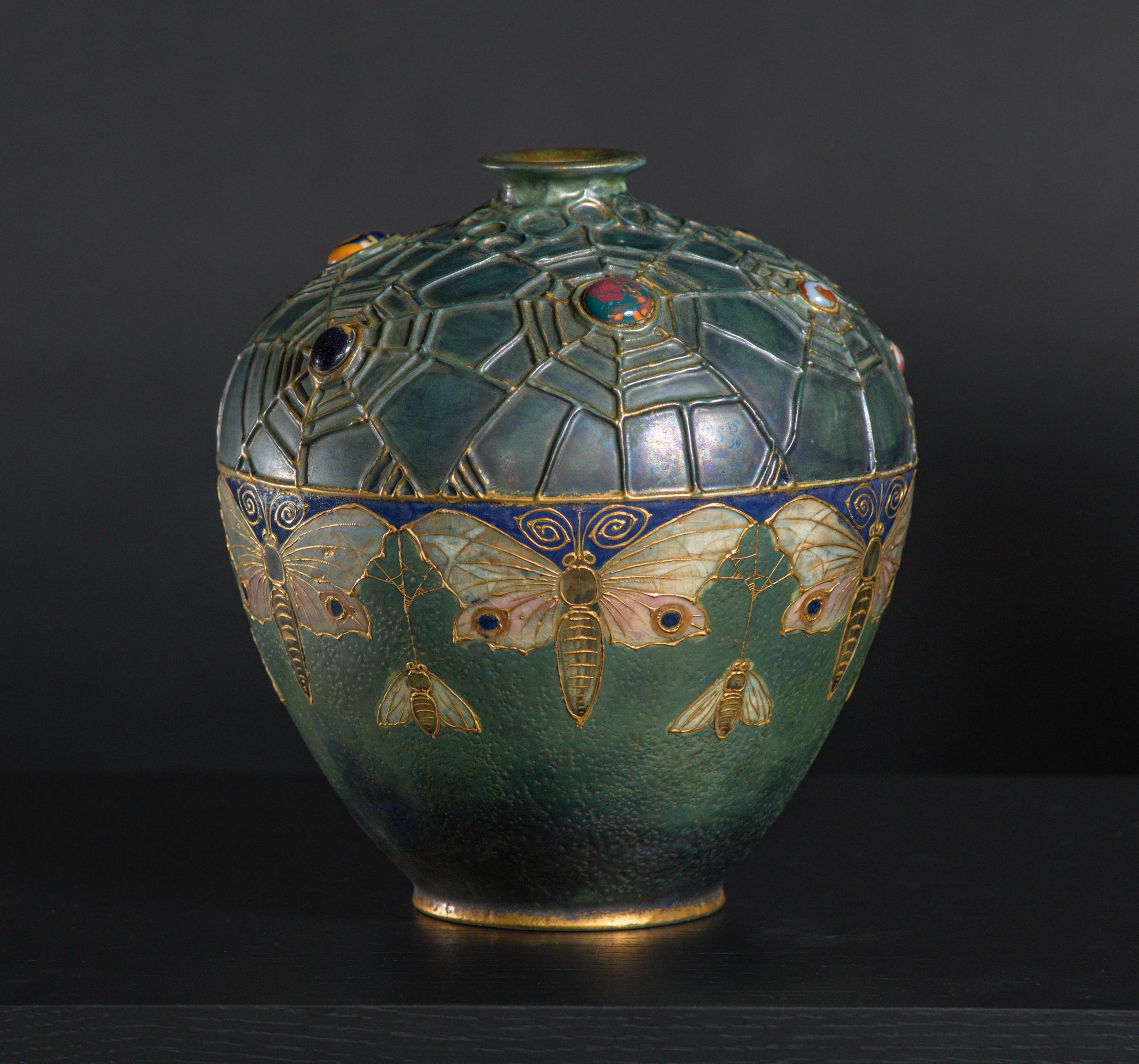 Gilt Art Nouveau Gres Bijou Butterfly & Spiderweb Semiramis Vase by RStK Amphora