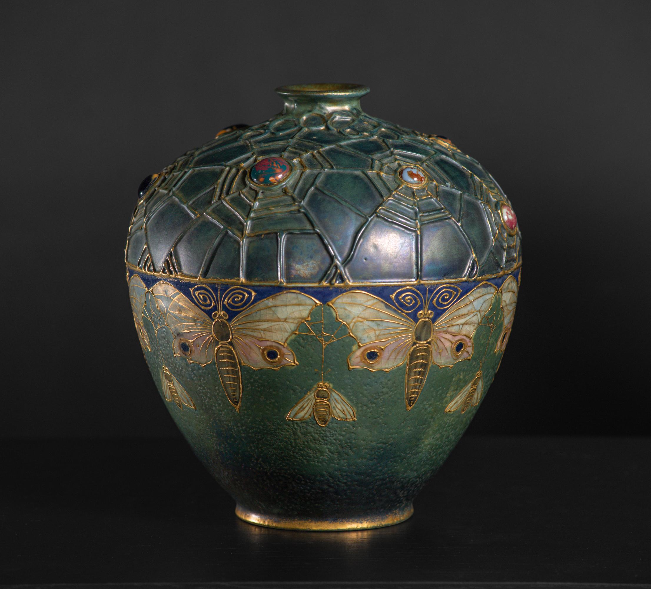 Art Nouveau Gres Bijou Butterfly & Spiderweb Semiramis Vase by RStK Amphora In Good Condition In Chicago, US