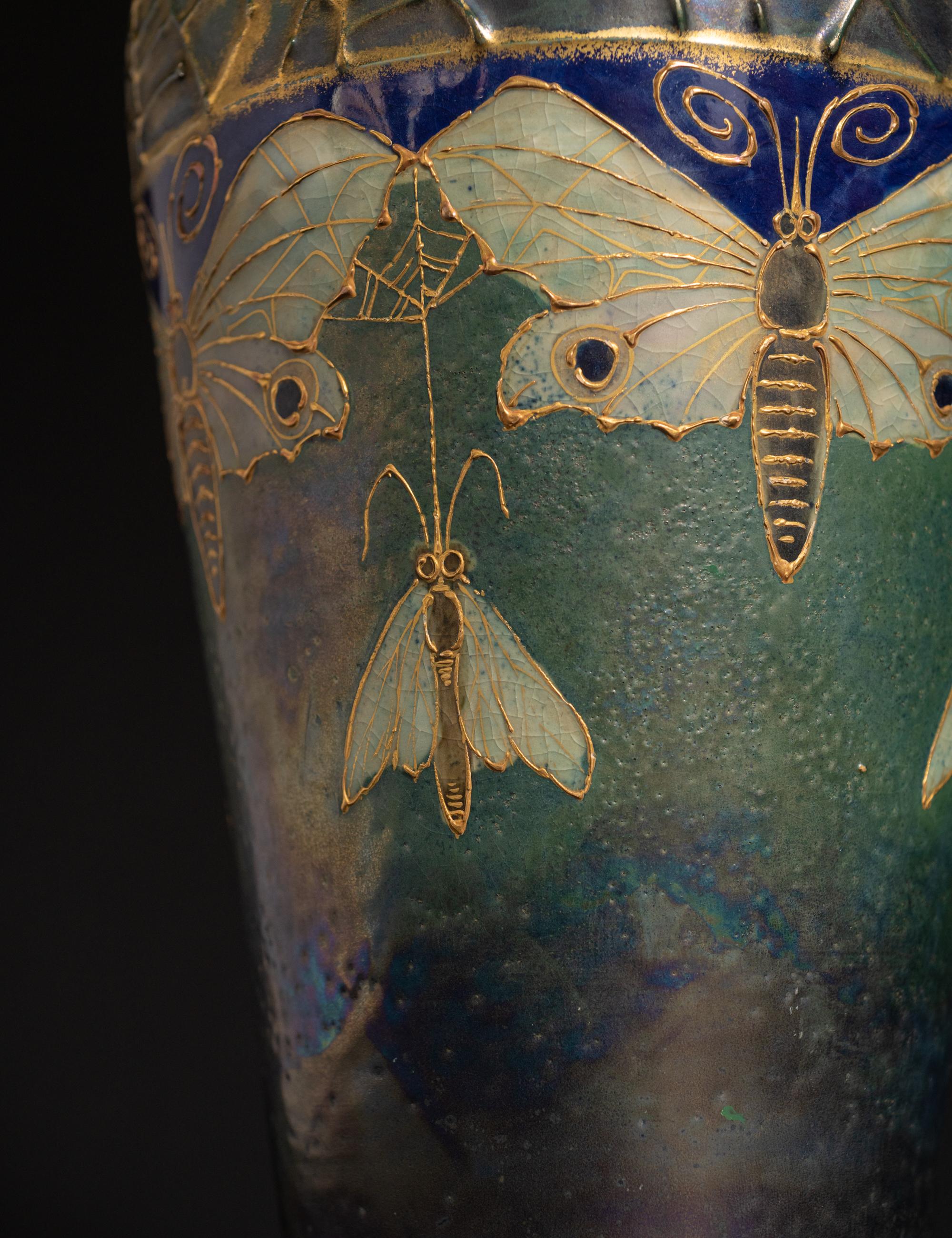 Early 20th Century Art Nouveau Gres Bijou Butterfly & Spiderweb Semiramis Vase by RStK Amphora