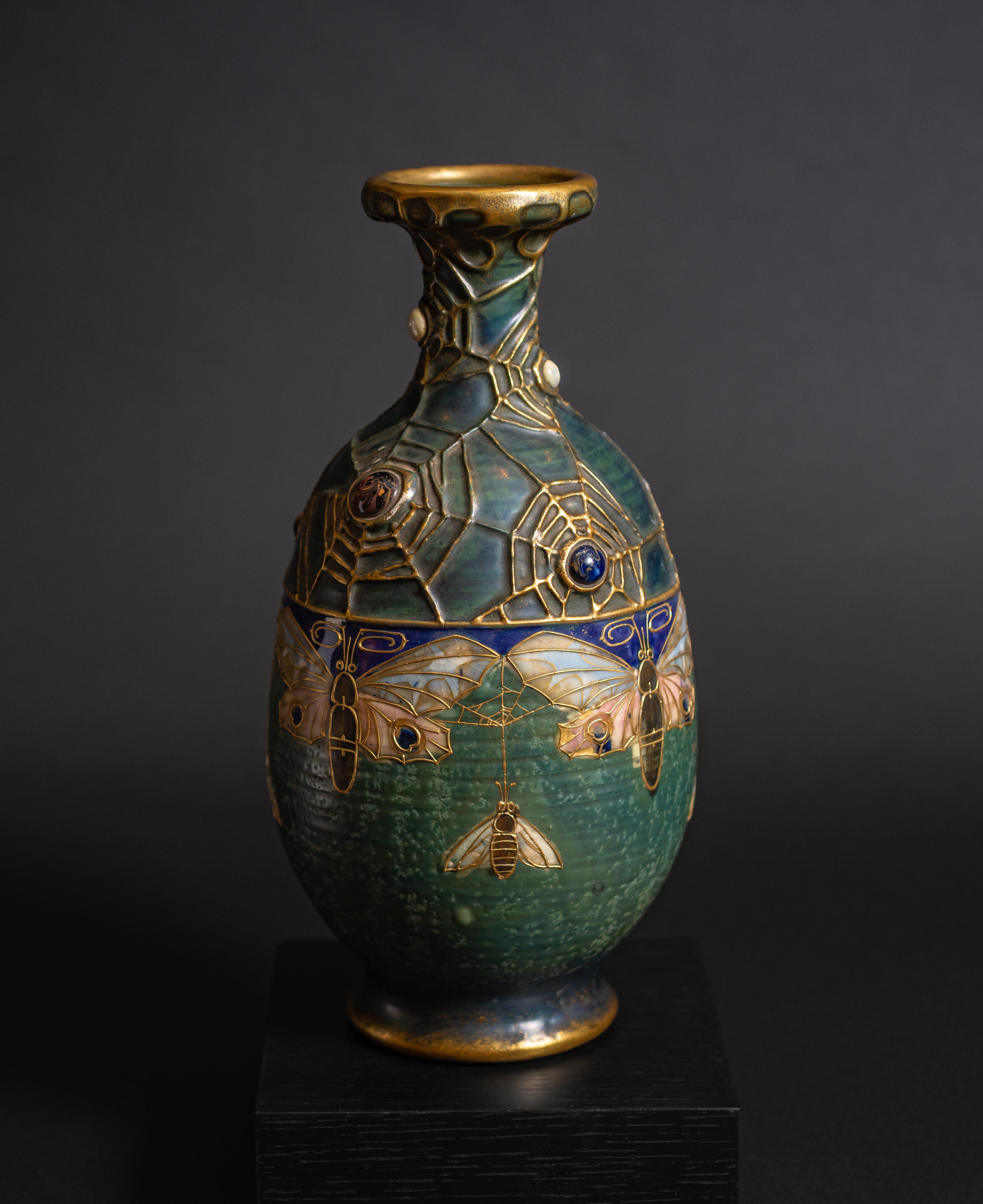 Early 20th Century Art Nouveau Gres Bijou Butterfly & Spiderweb Semiramis Vase by RStK Amphora