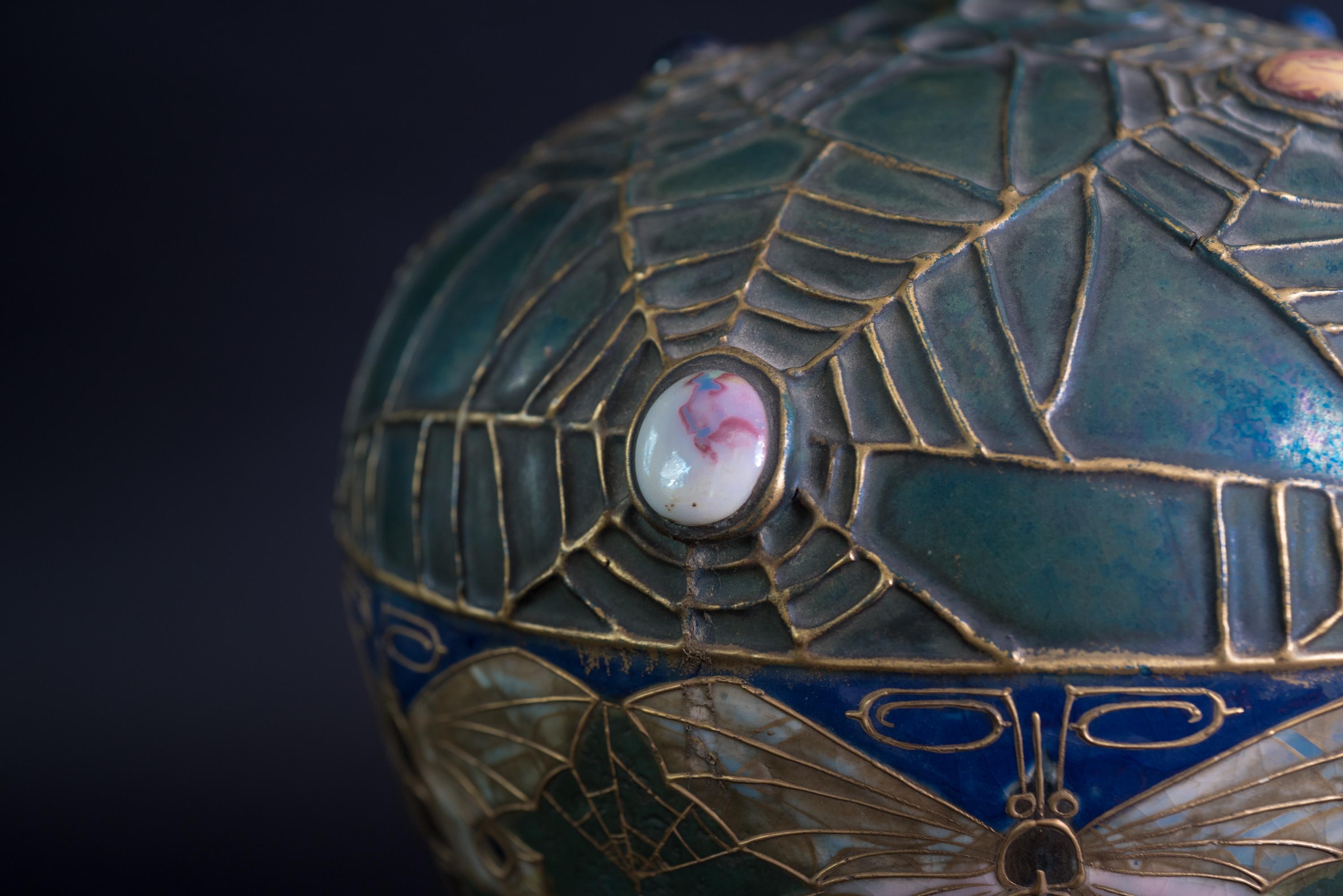 Earthenware Art Nouveau Gres Bijou Butterfly & Spiderweb Semiramis Vase by RStK Amphora