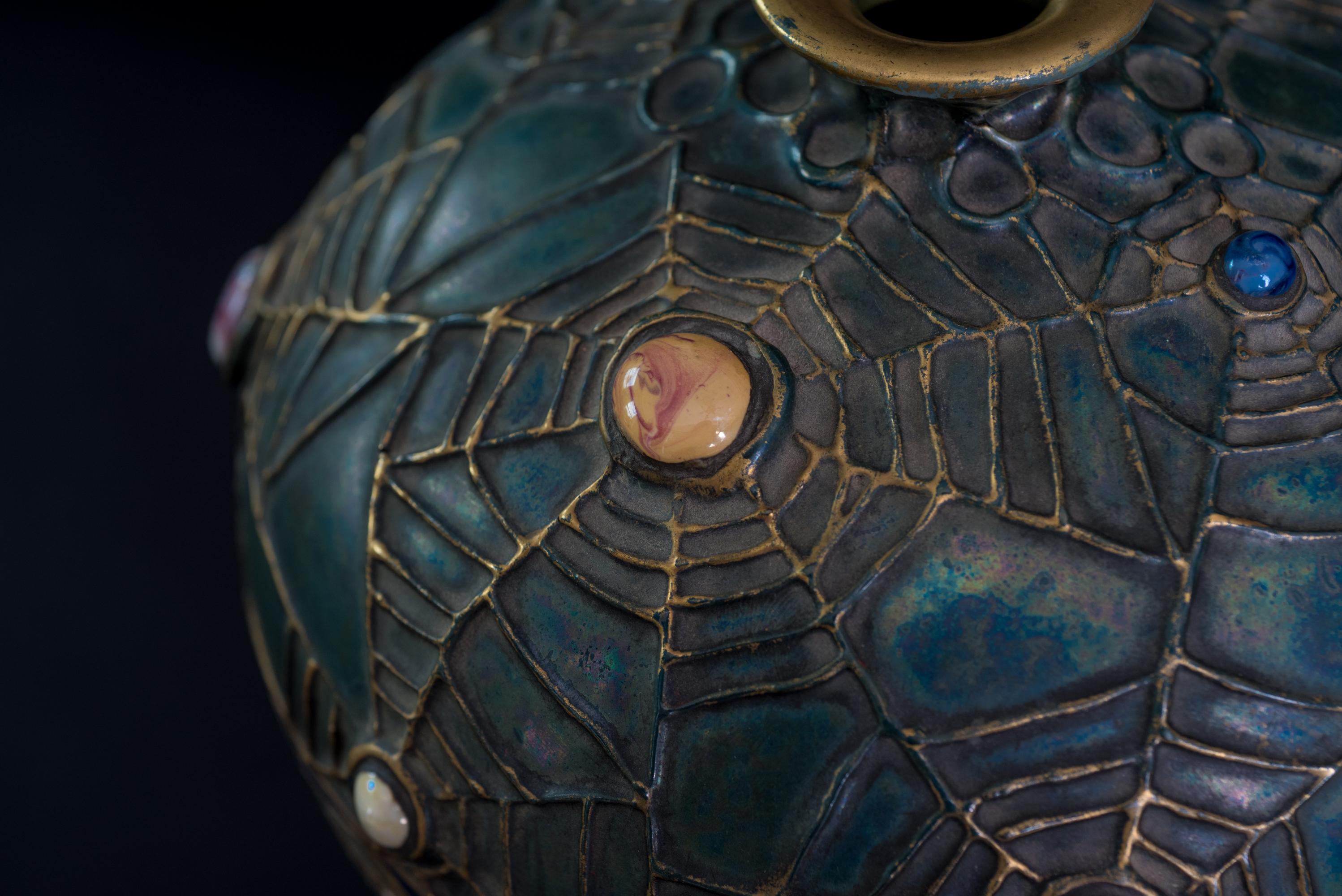 Art Nouveau Gres Bijou Butterfly & Spiderweb Semiramis Vase by RStK Amphora 1