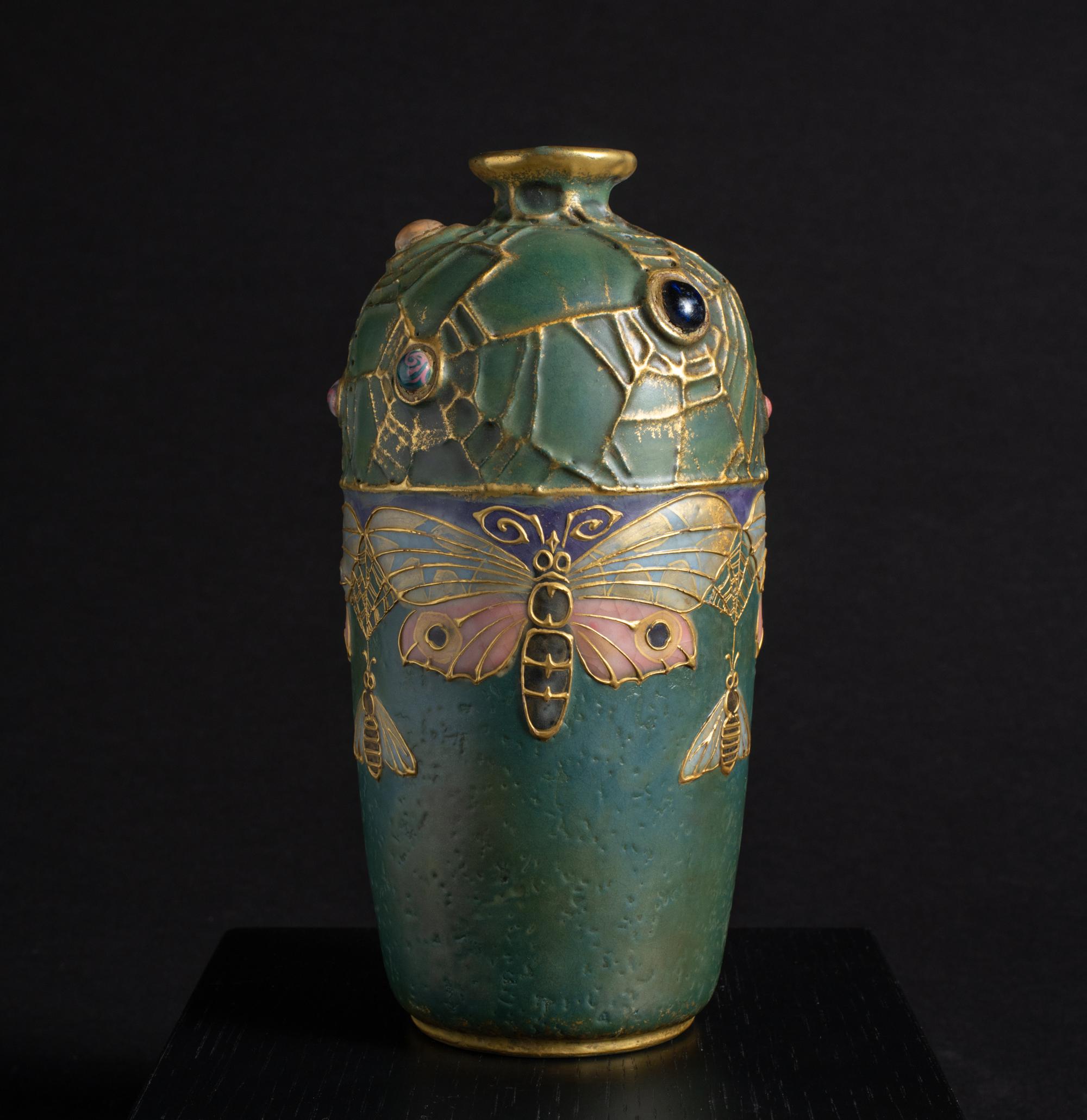 Art Nouveau Gres Bijou Butterfly & Spiderweb Semiramis Vase by RStK Amphora For Sale 1