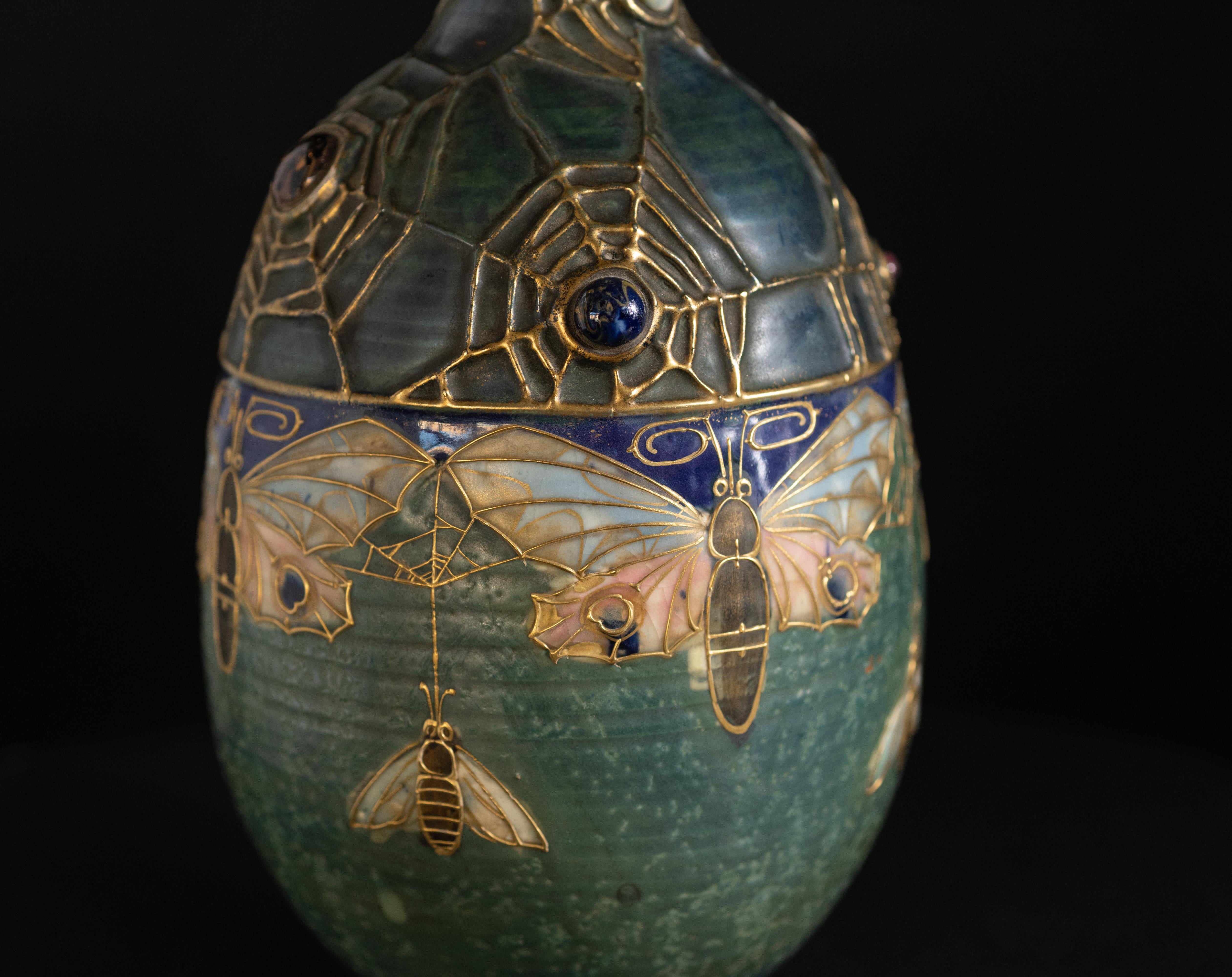 Art Nouveau Gres Bijou Butterfly & Spiderweb Semiramis Vase by RStK Amphora 2
