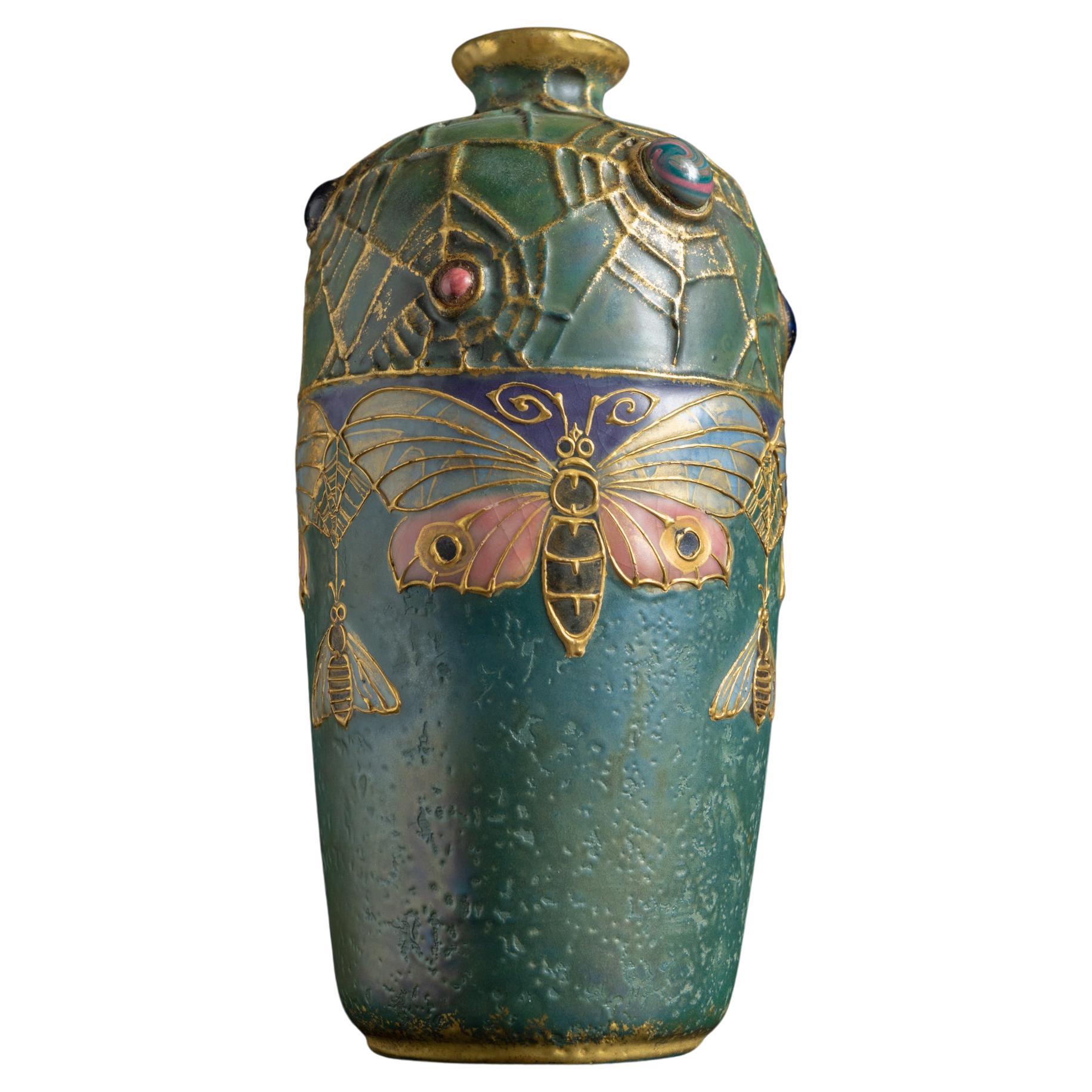 Art Nouveau Gres Bijou Butterfly & Spiderweb Semiramis Vase by RStK Amphora For Sale