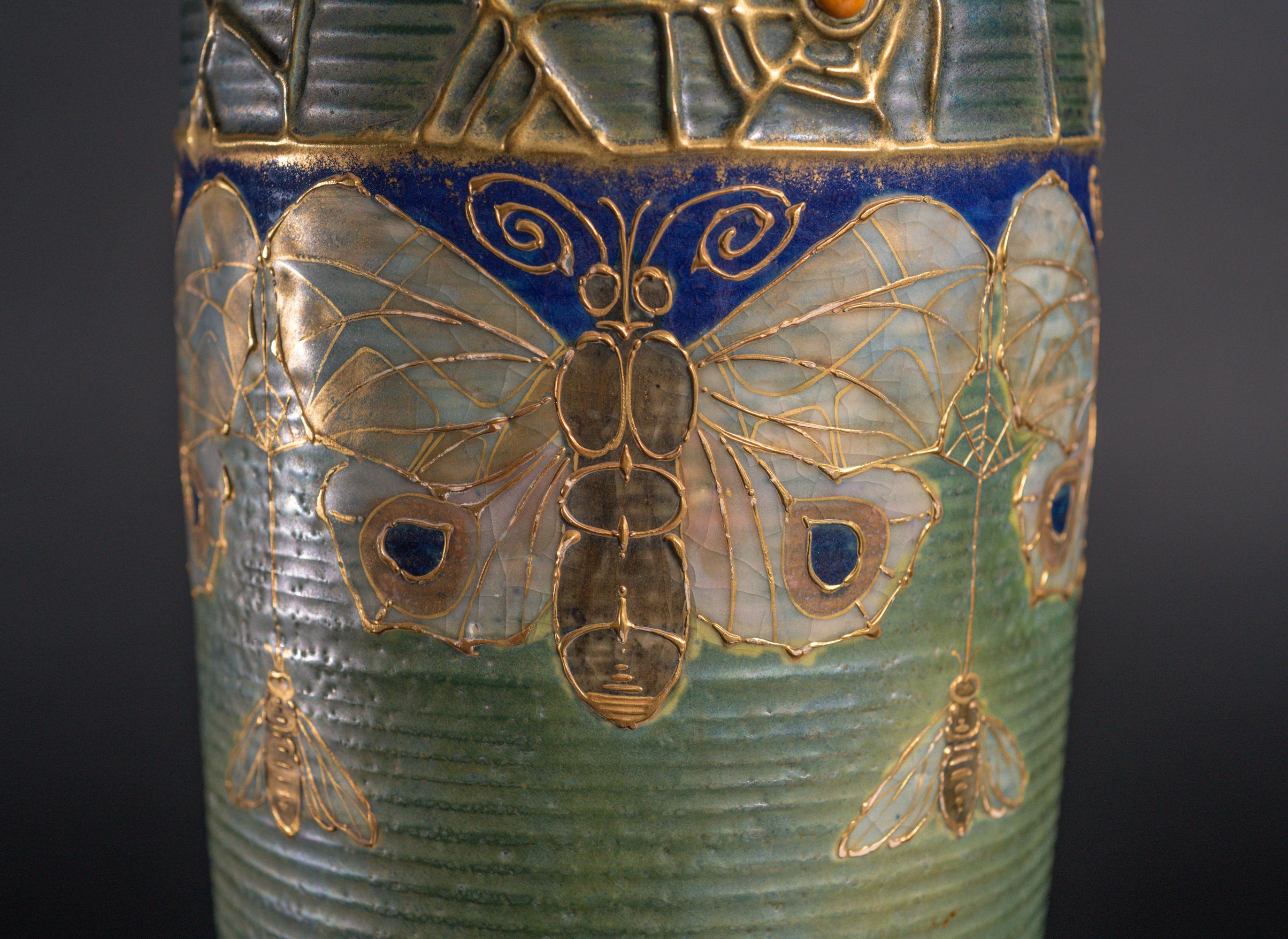 Glazed Art Nouveau Gres Bijou Butterfly & Spiderweb Tall Semiramis Vase by RStK Amphora For Sale