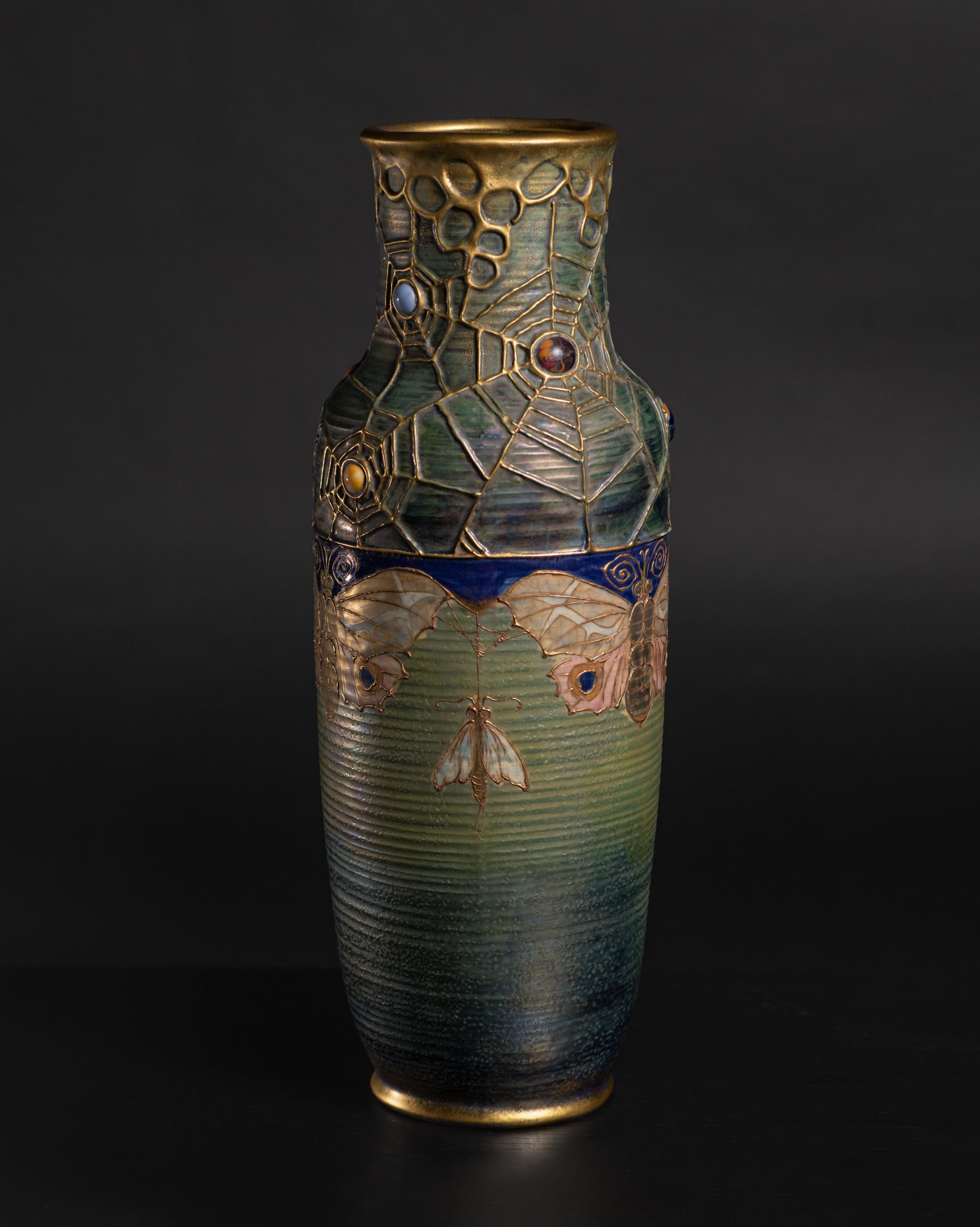 Glazed Art Nouveau Gres Bijou Butterfly & Spiderweb Tall Semiramis Vase by RStK Amphora For Sale