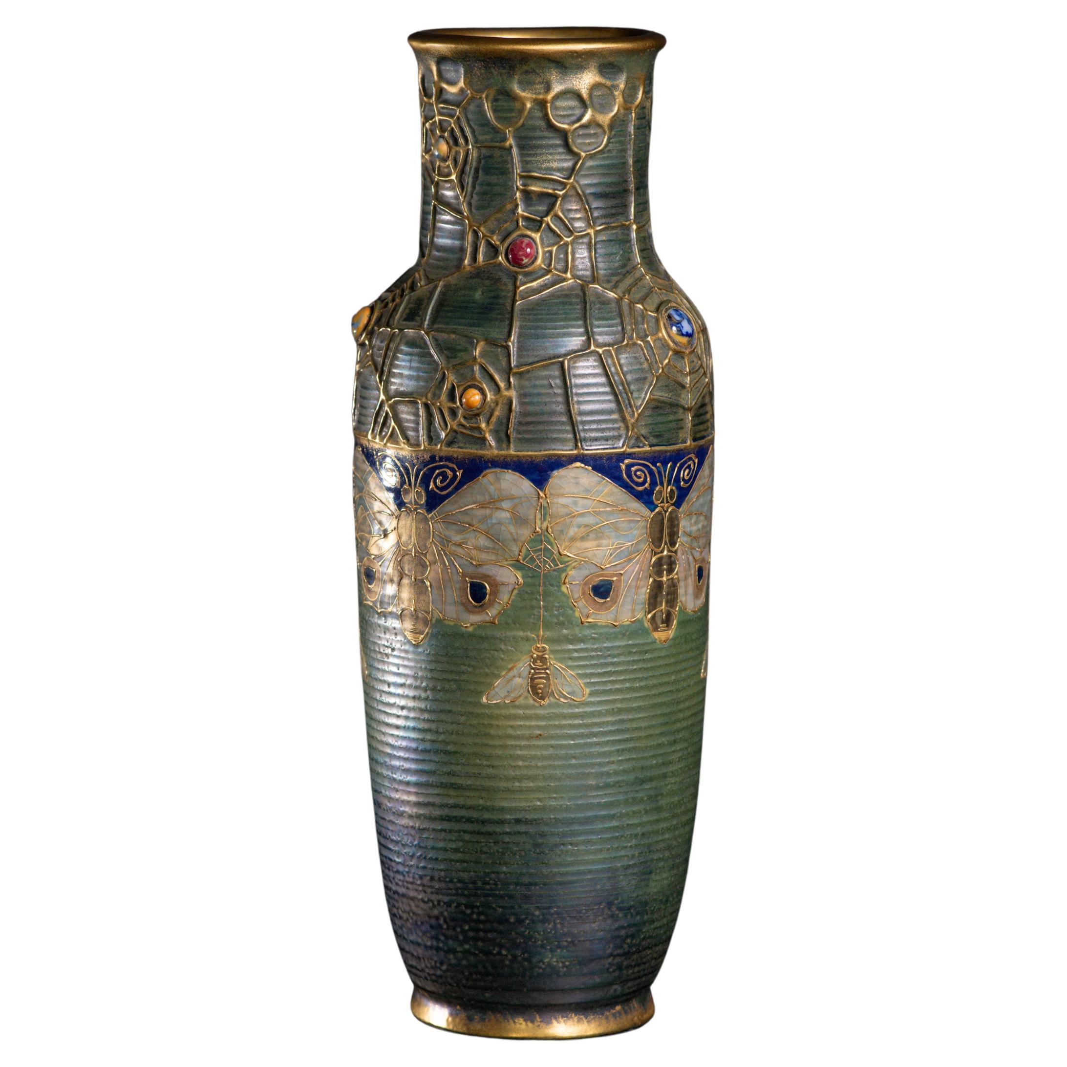 Art Nouveau Gres Bijou Butterfly & Spiderweb Tall Semiramis Vase by RStK Amphora