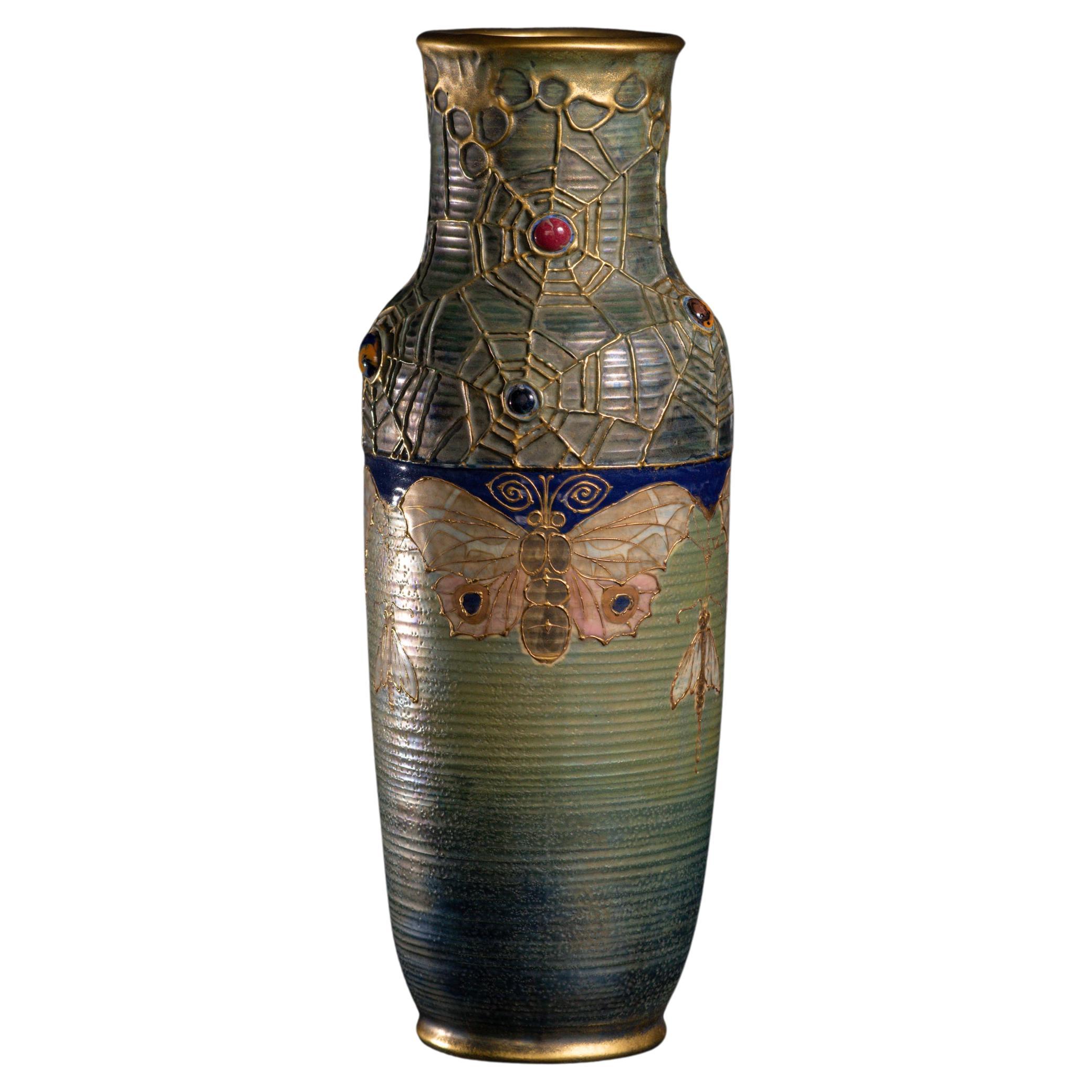 Art Nouveau Gres Bijou Butterfly & Spiderweb Tall Semiramis Vase by RStK Amphora