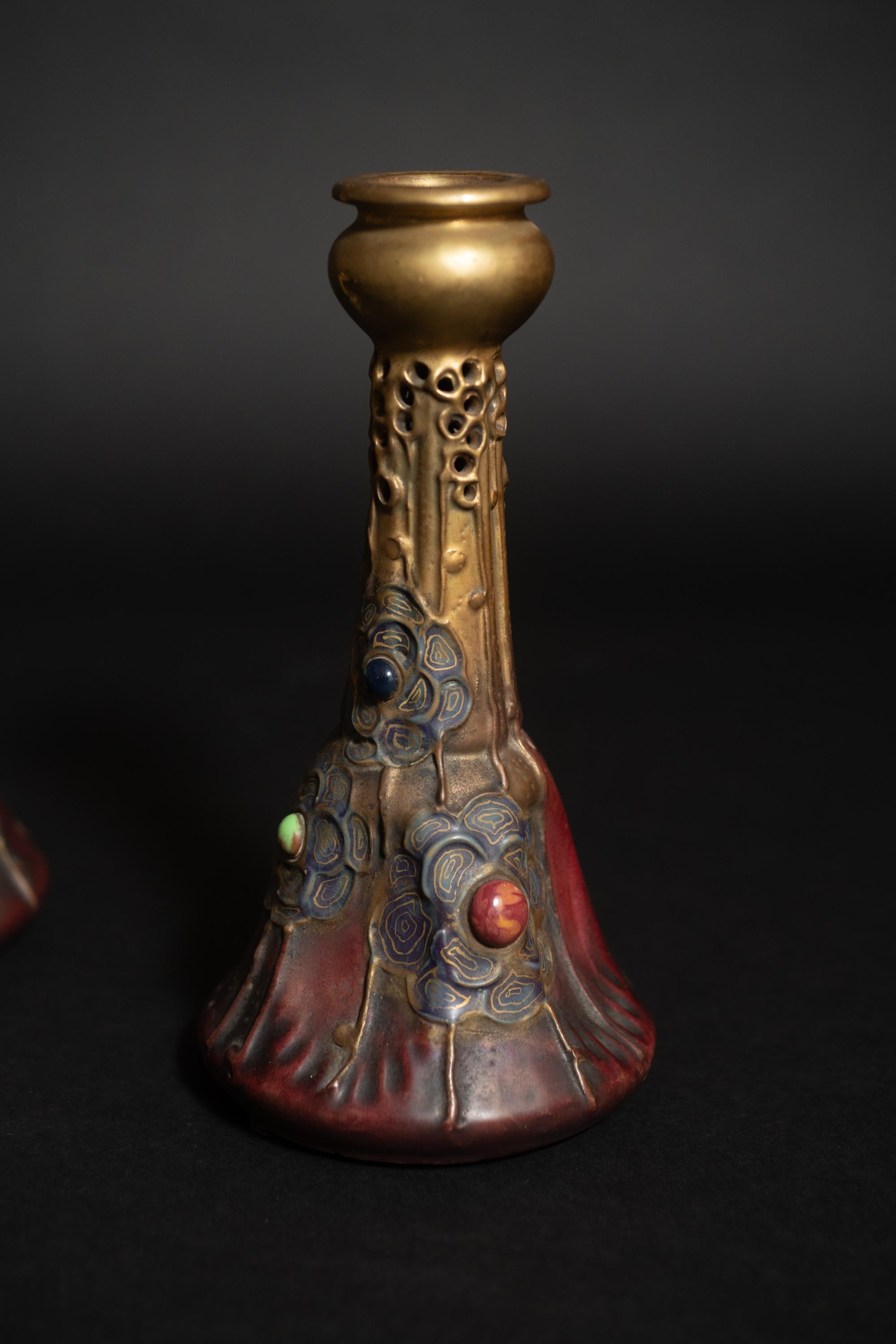 Gilt Art Nouveau Gres Bijou Floral Candlesticks by RStK Amphora