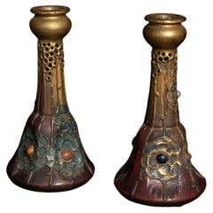 Art Nouveau Gres Bijou Floral Candlesticks by RStK Amphora