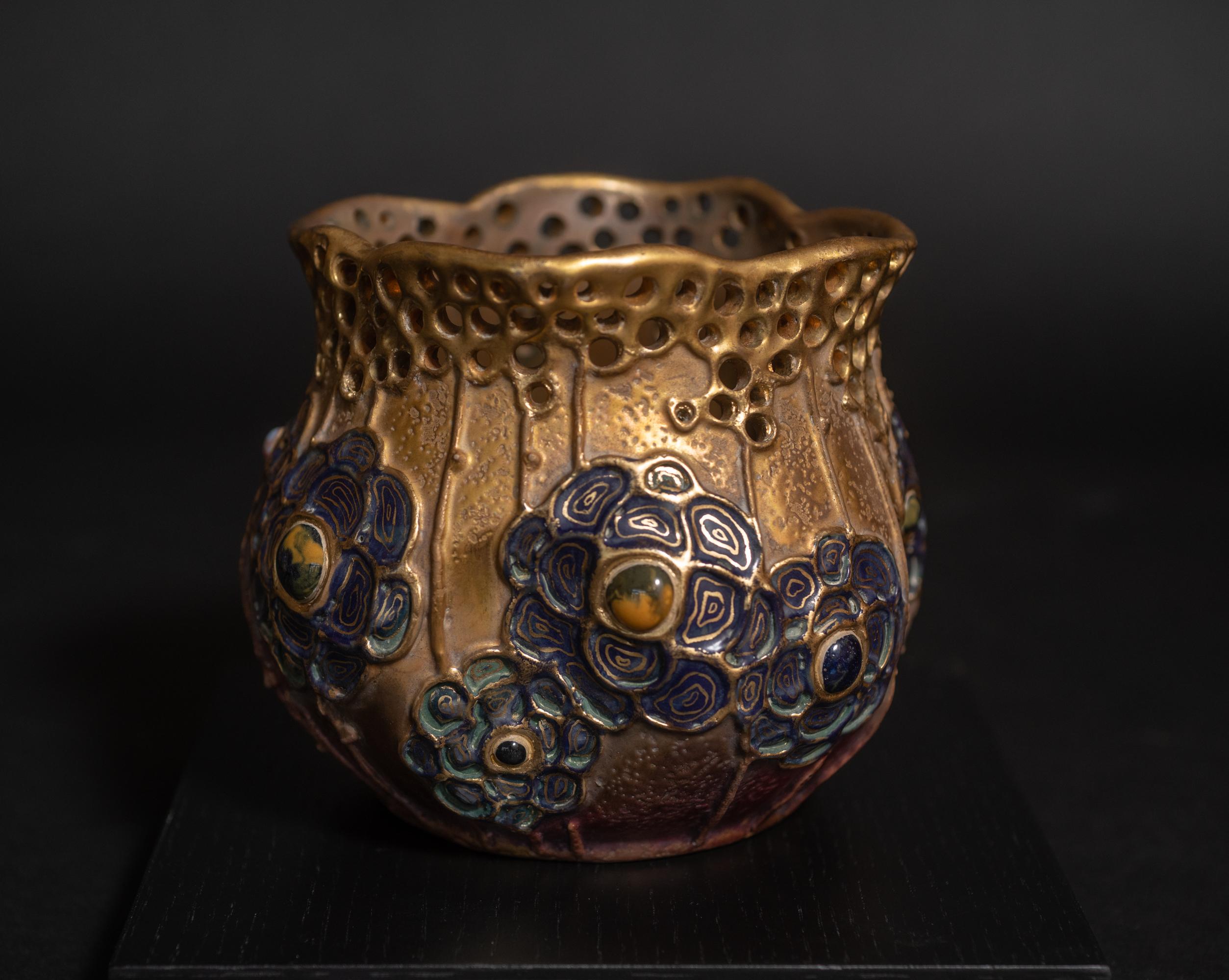 Glazed Art Nouveau Gres Bijou Floral Vase by RStK Amphora w/Gilding & Glass Cabachons For Sale