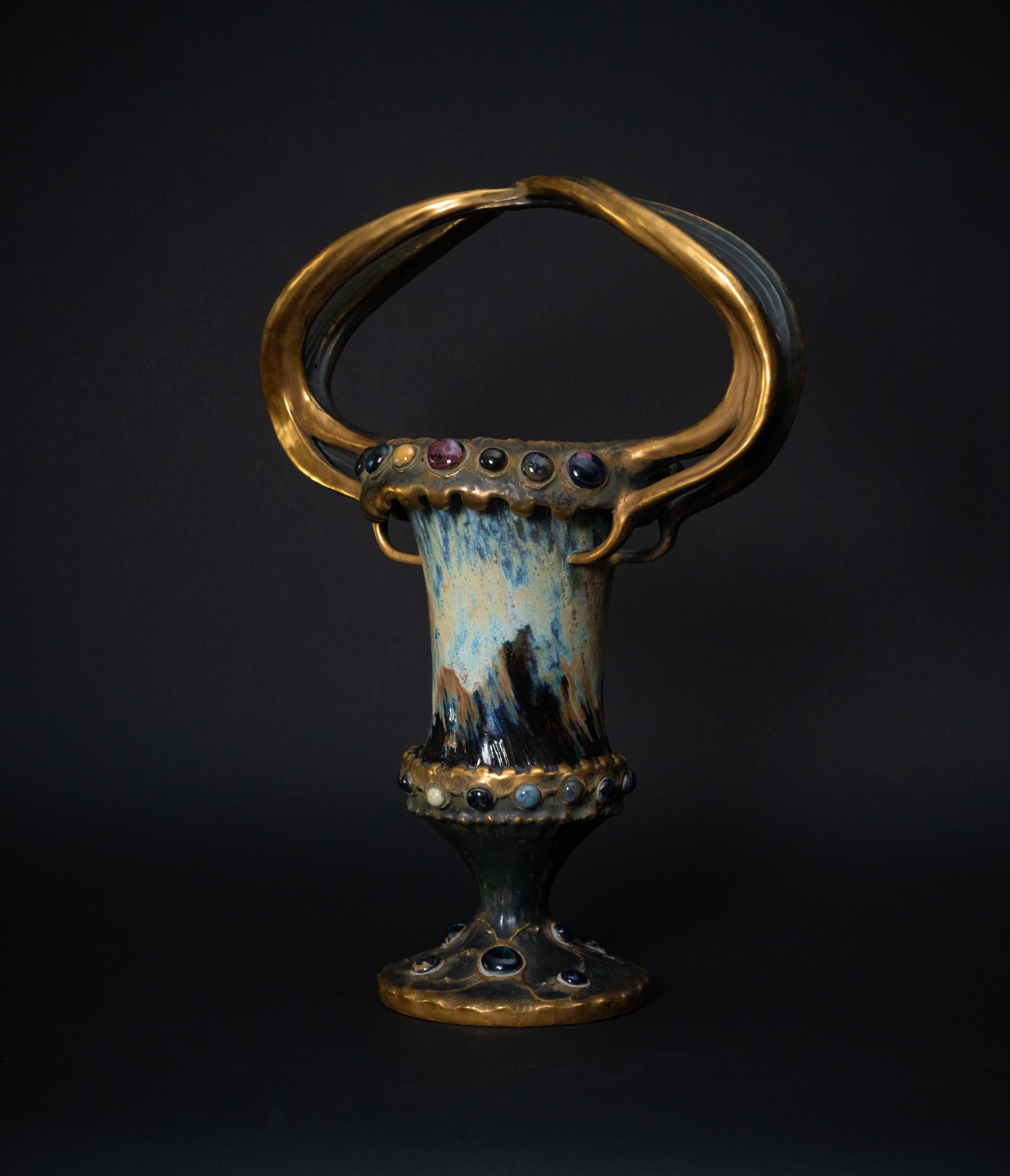 Austrian Art Nouveau Gres Bijou Footed Vase w/Curving Handles by RStK Amphora For Sale