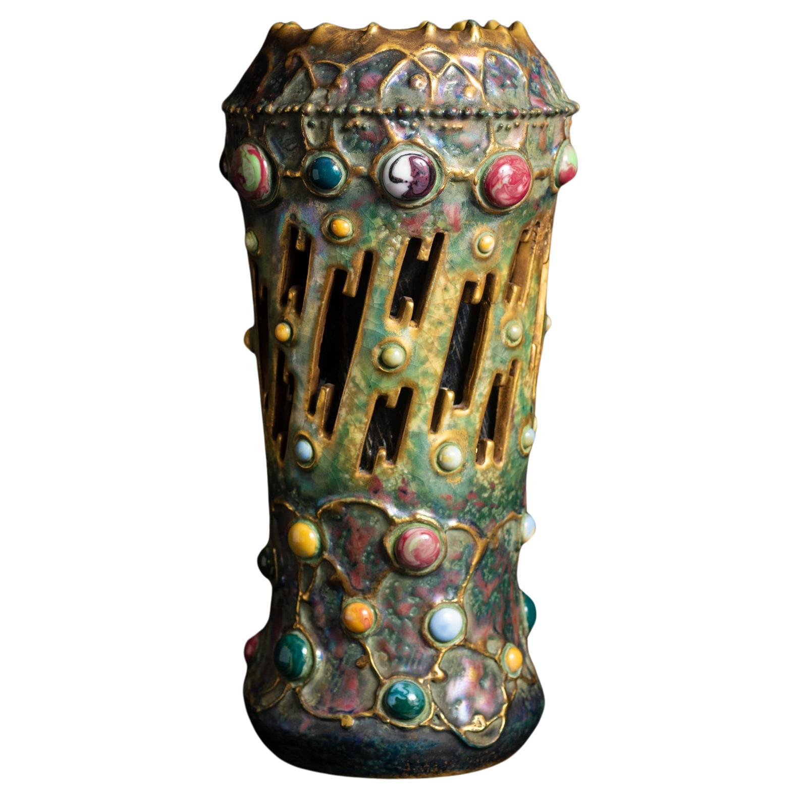 Jugendstil-Leuchte Bolt-Vase von RStK Amphora, Gres Bijou, beleuchtet