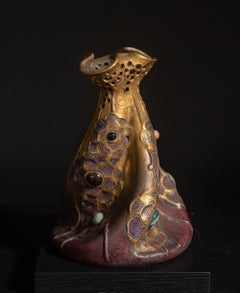 Art Nouveau Gres Bijou Twist Vase by RStK Amphora w/Gilding and Glass Cabachons
