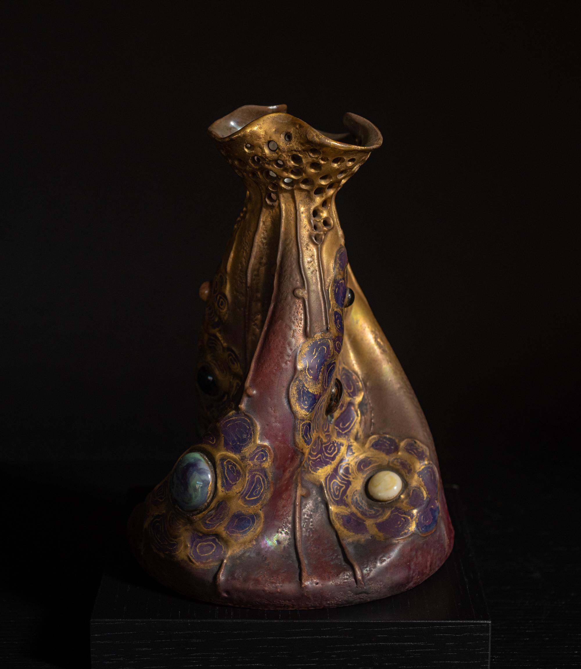 Austrian Art Nouveau Gres Bijou Twist Vase by RStK Amphora w/Gilding and Glass Cabachons For Sale