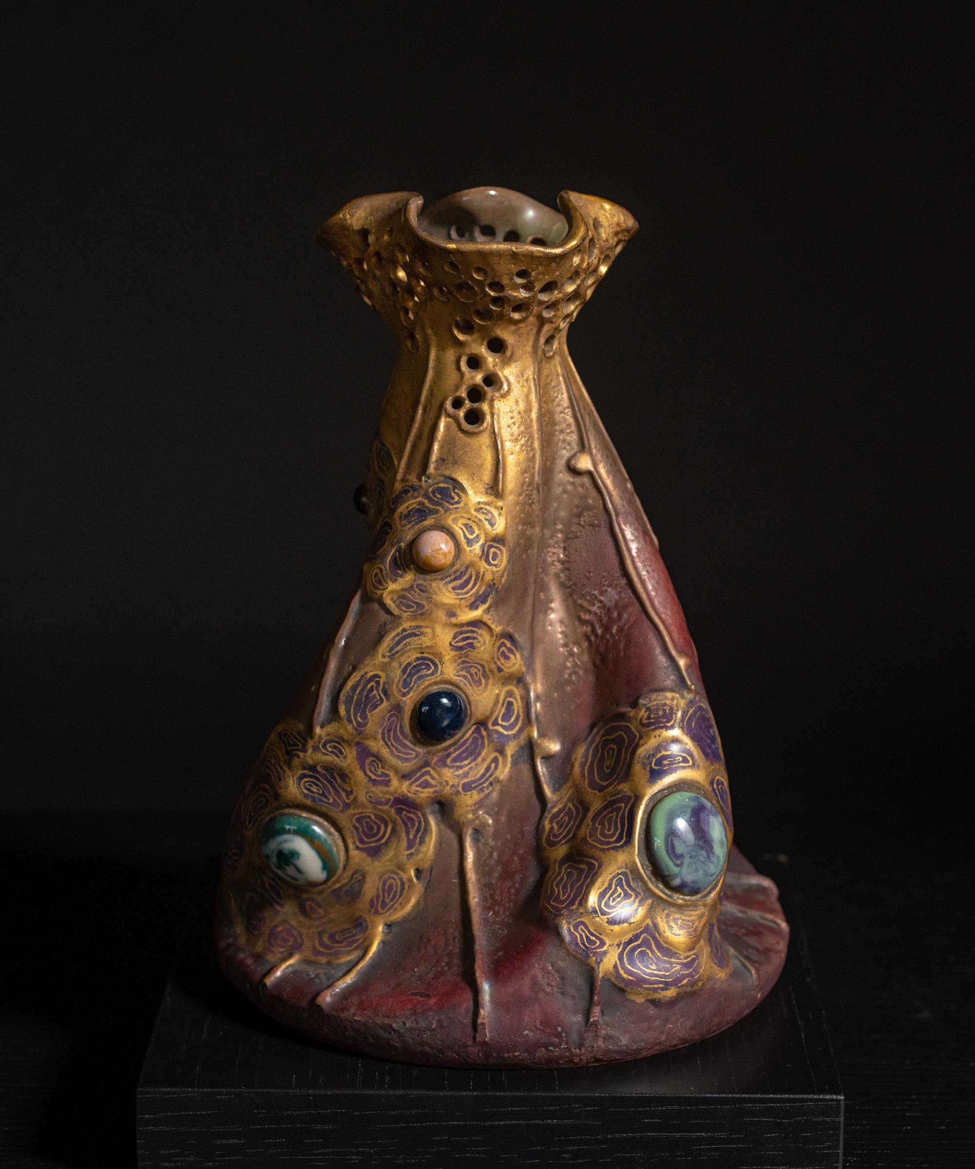 Glazed Art Nouveau Gres Bijou Twist Vase by RStK Amphora w/Gilding and Glass Cabachons For Sale