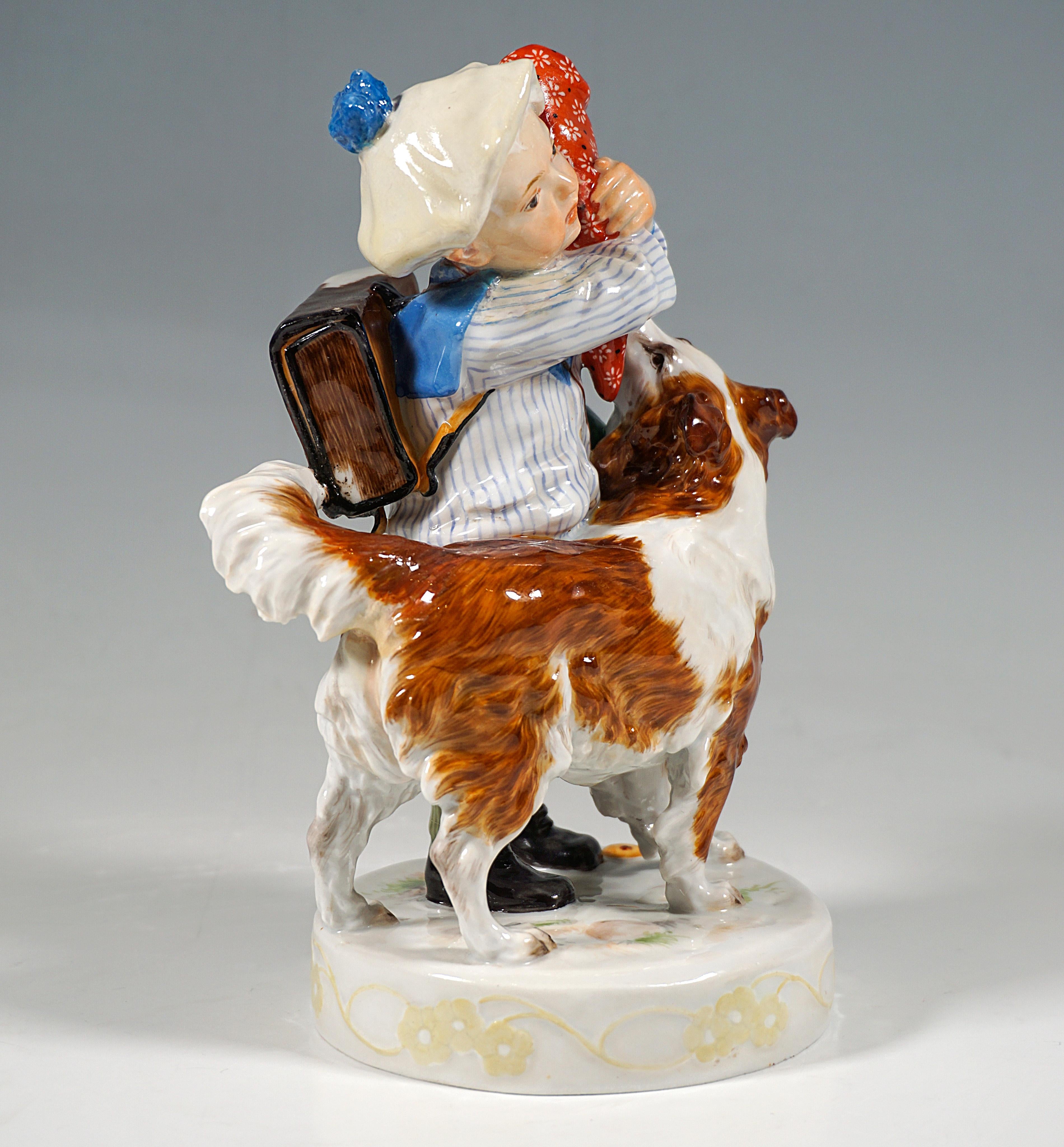 Very rare Meissen Art Nouveau porcelain group:
A boy in a striped school suit with a white cap and a school bag clutches his candy cone with both arms and tries to fend off the big dog, a collie, who is trying to get at the sweets falling out of the