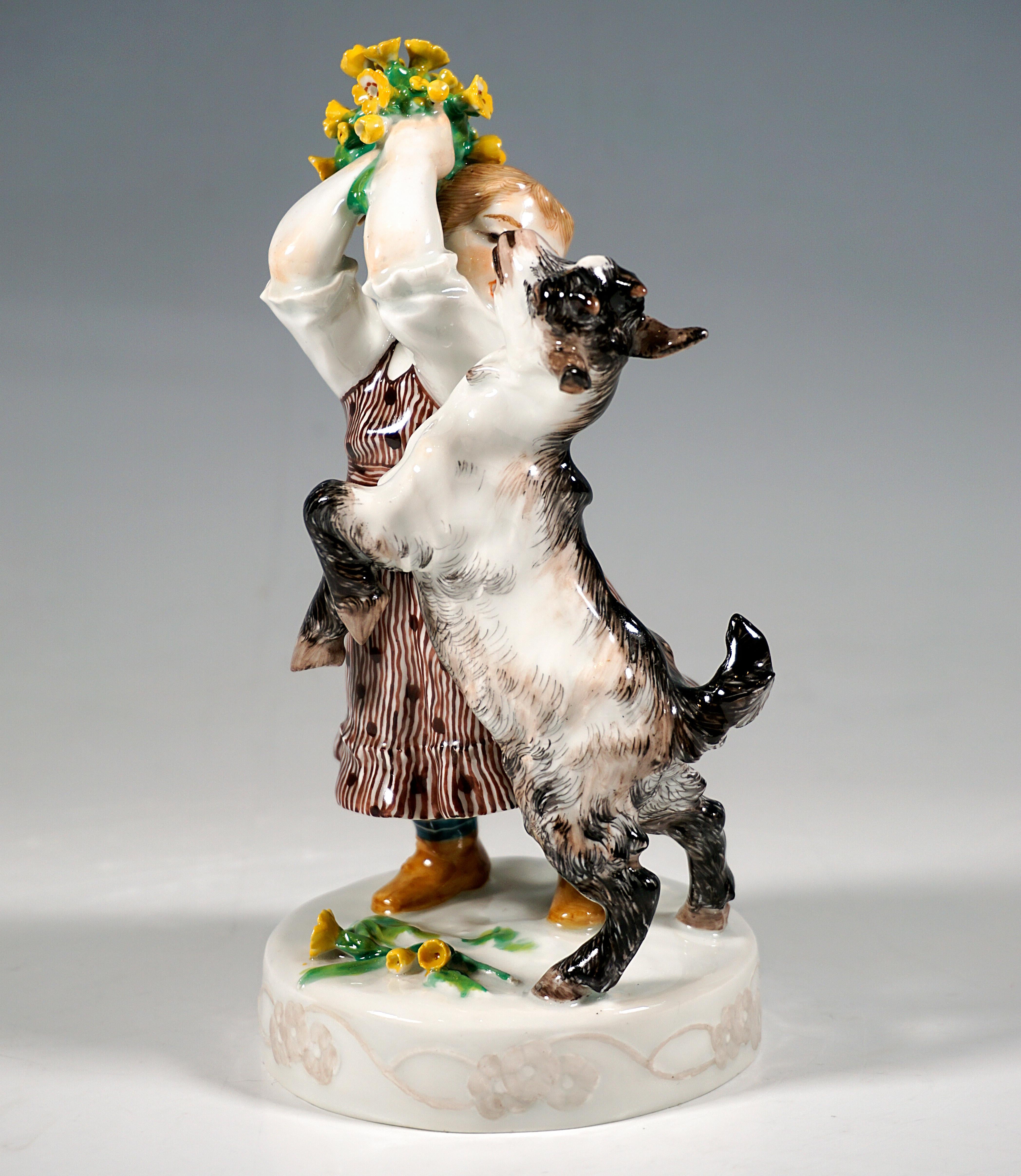 Very rare Meissen Art Nouveau porcelain group:
Girl in a striped dress with polka dots and a white blouse holding a bouquet of flowers in both hands above her head and fending off a ravenous goat that jumps up on her.
The group is based on a white