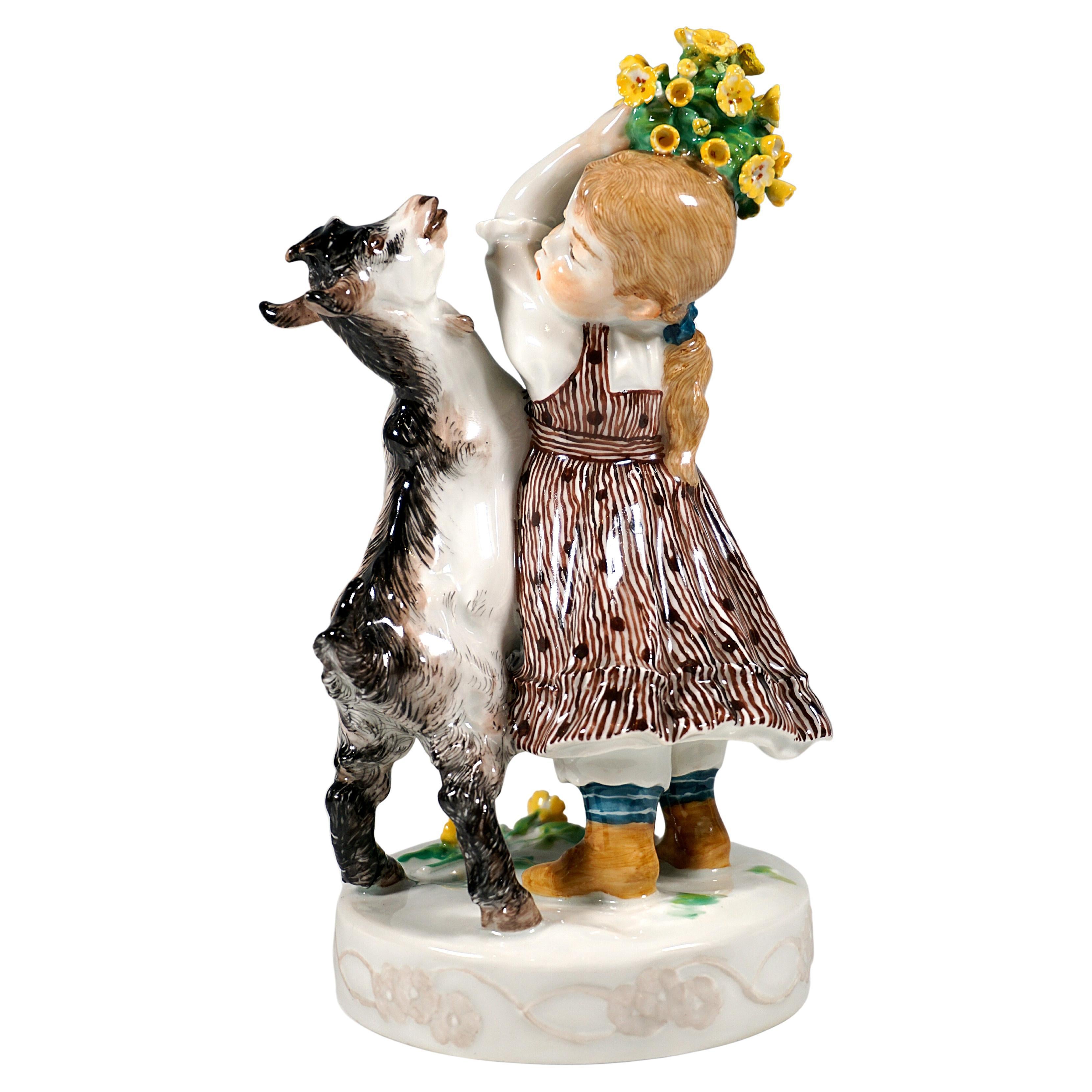 Art Nouveau Group 'Girl With Goat', by Erich Hoesel, Meissen Germany, ca 1910 For Sale