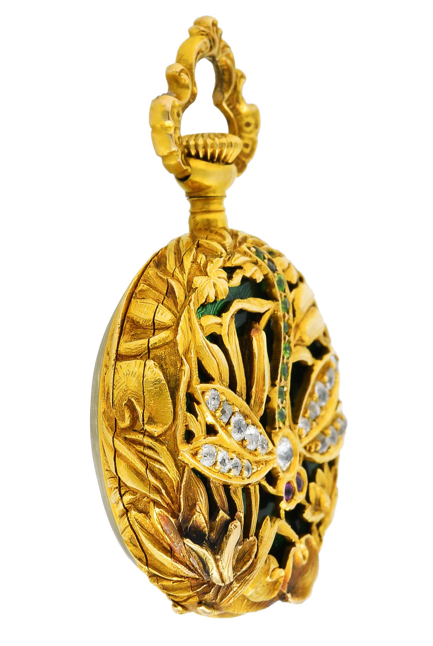 Women's or Men's Art Nouveau Guilloche Enamel Diamond Demantoid Garnet 18 Karat Dragonfly Watch