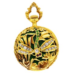 Art Nouveau Guilloche Enamel Diamond Demantoid Garnet 18 Karat Dragonfly Watch