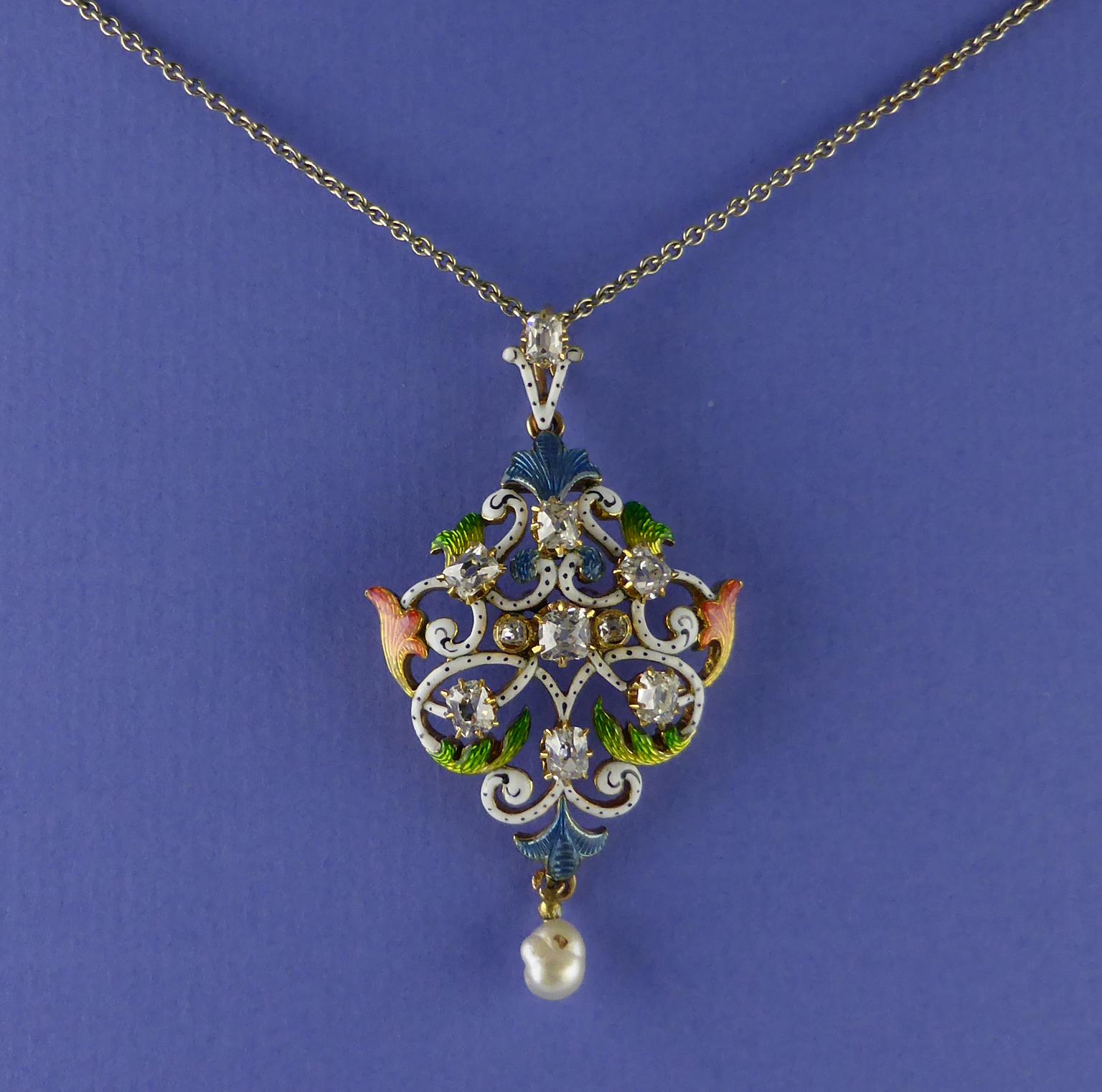 Jugendstil-Guilloché-Emaille, Diamant, Perle, Anhänger, um 1900 im Zustand „Hervorragend“ im Angebot in London, GB