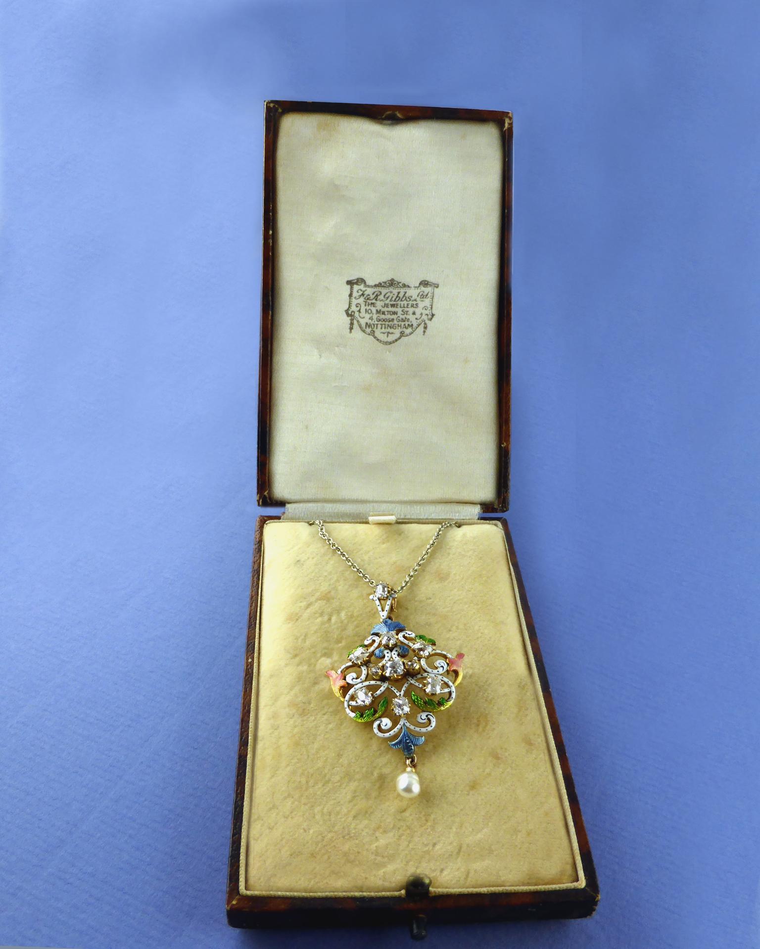 Art Nouveau Guilloché Enamel, Diamond, Pearl, Pendant, circa 1900 For Sale 3