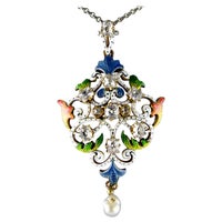 Art Nouveau Guilloché Enamel, Diamond, Pearl, Pendant, circa 1900
