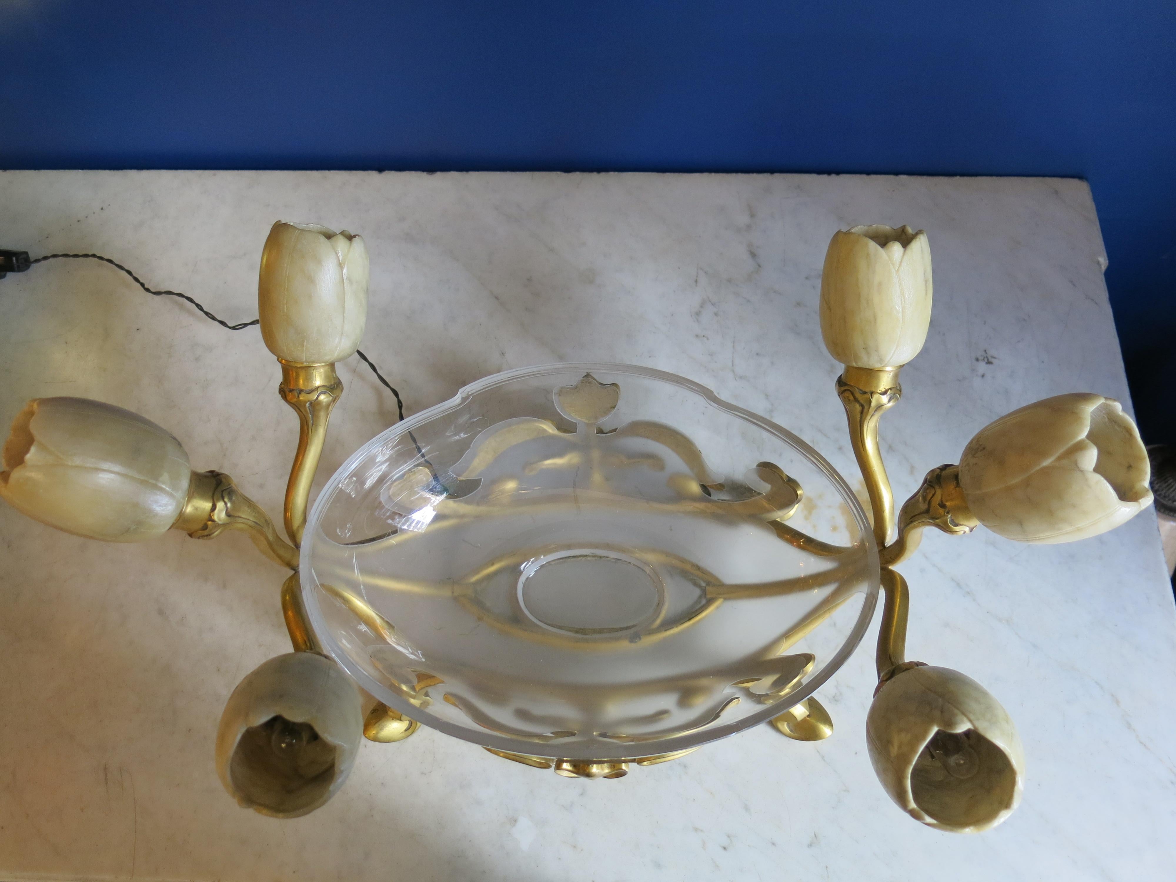 Art Nouveau Gustave Keller Jardiniere with Alabaster Tulip Albert Cheuret Lamps In Good Condition In CABA, AR