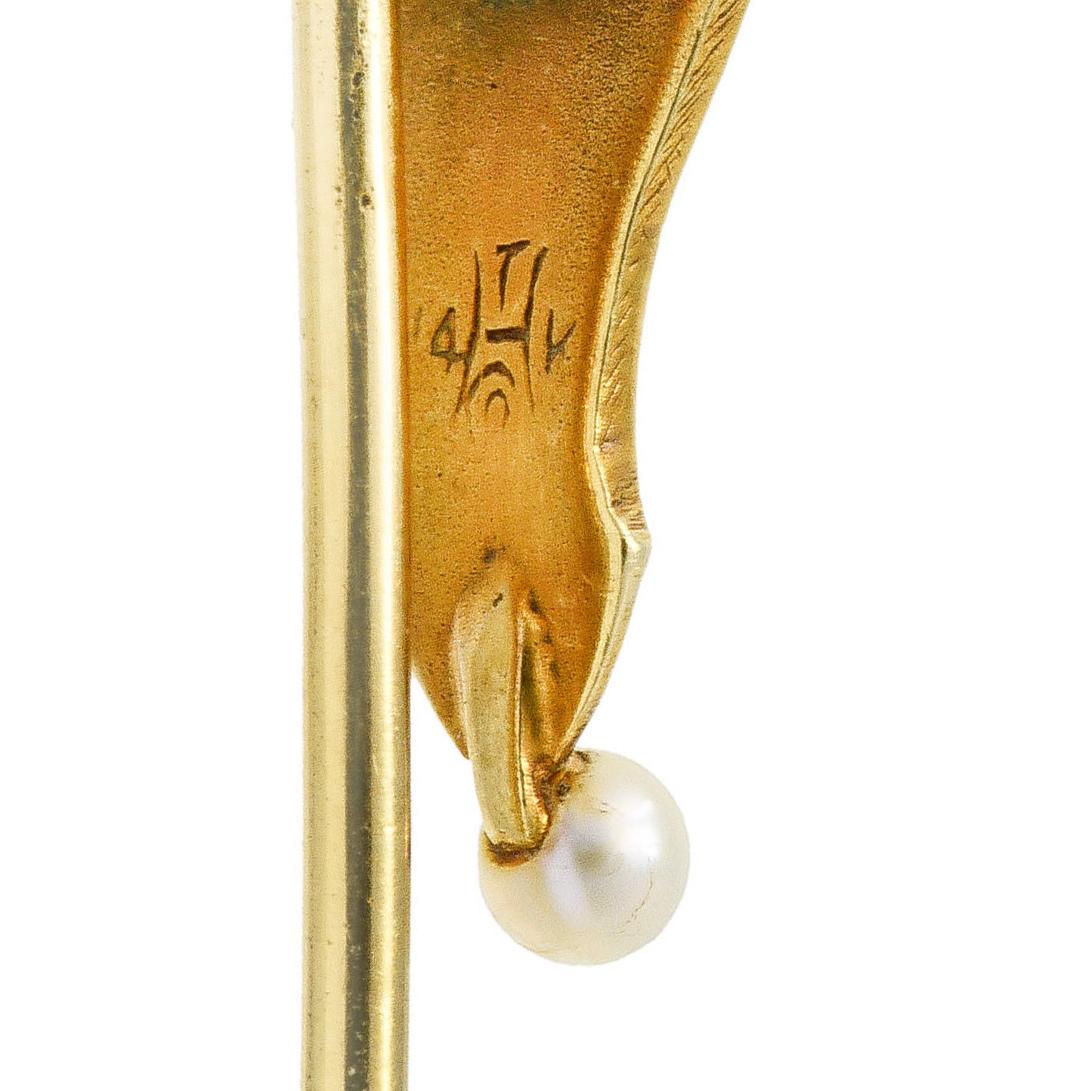 Women's or Men's Art Nouveau Hagerstrom Sapphire Pearl 14 Karat Yellow Gold Greek Shield Stickpin