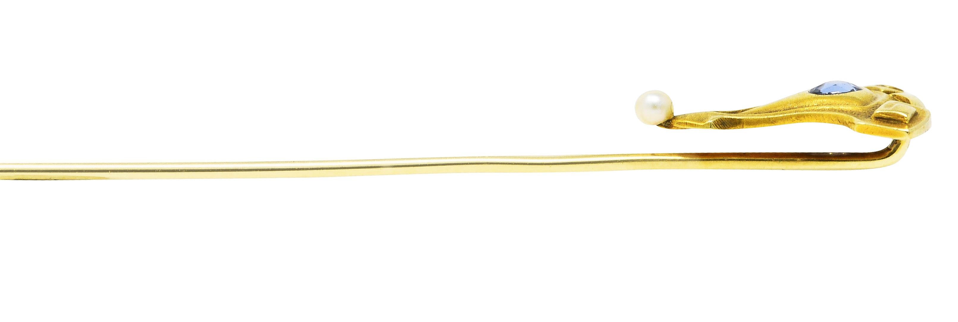 Art Nouveau Hagerstrom Sapphire Pearl 14 Karat Yellow Gold Greek Shield Stickpin 1